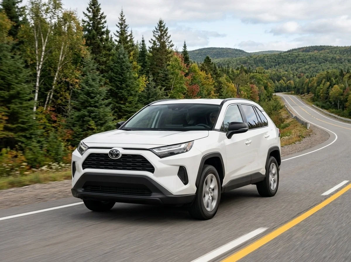 A white Toyota RAV4 driving on a two-lane road through a wooded, hilly landscape.