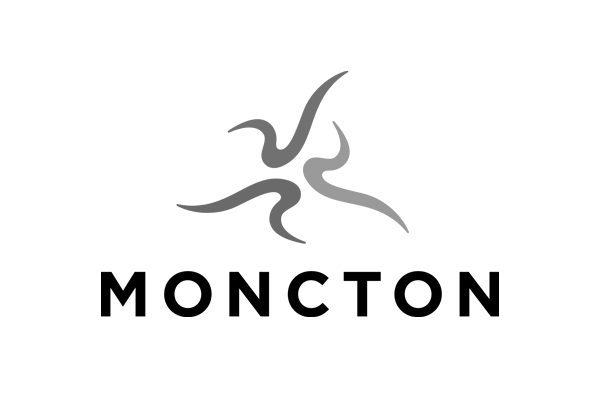 A stylized gray logo resembling a bird or abstract shape above the word 'MONCTON' in bold black letters.