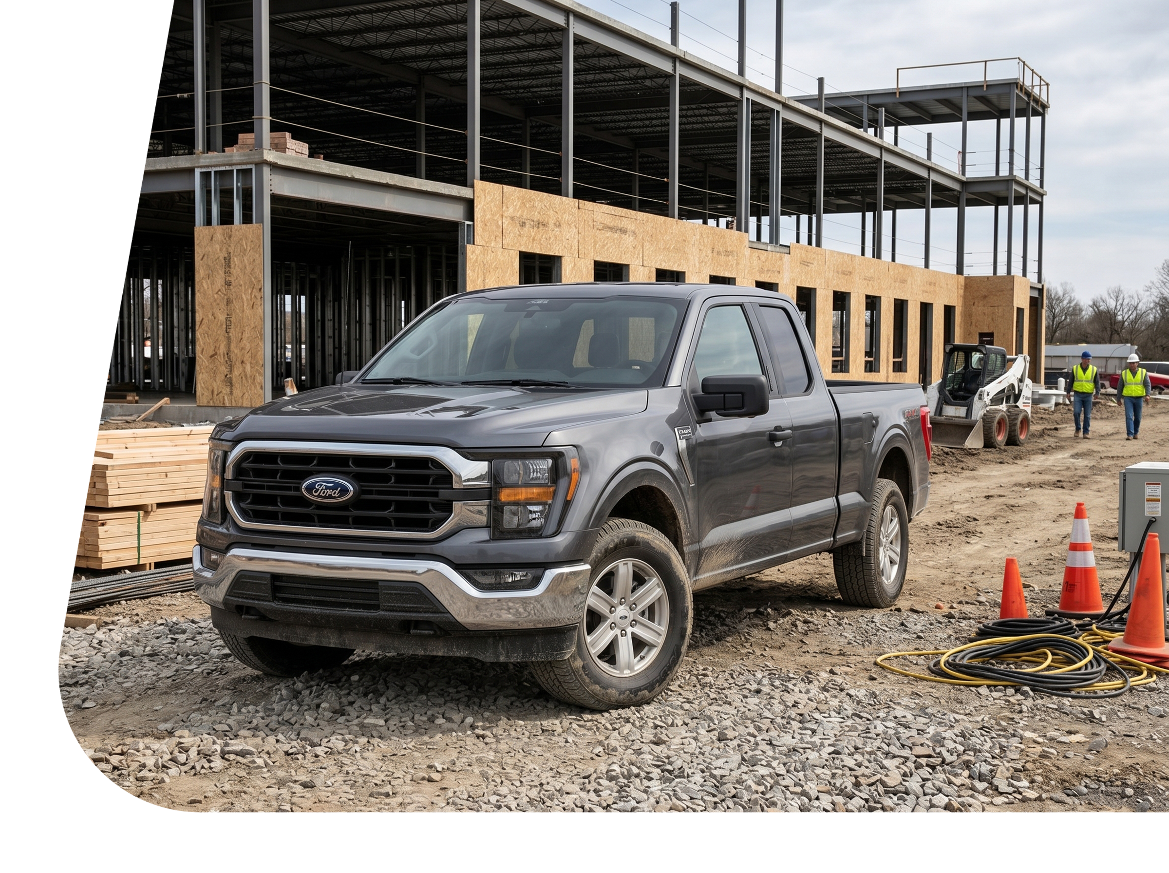 Construction site with a black pickup truck in the foreground, building framework and workers in safety vests and helmets in the background.