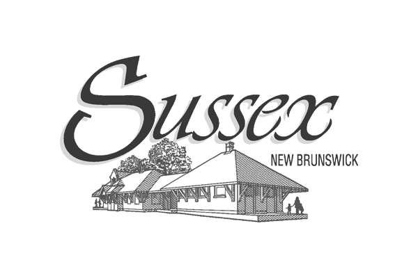 Logo for Sussex New Brunswick featuring stylized text 'Sussex' and an illustration of a building with trees.
