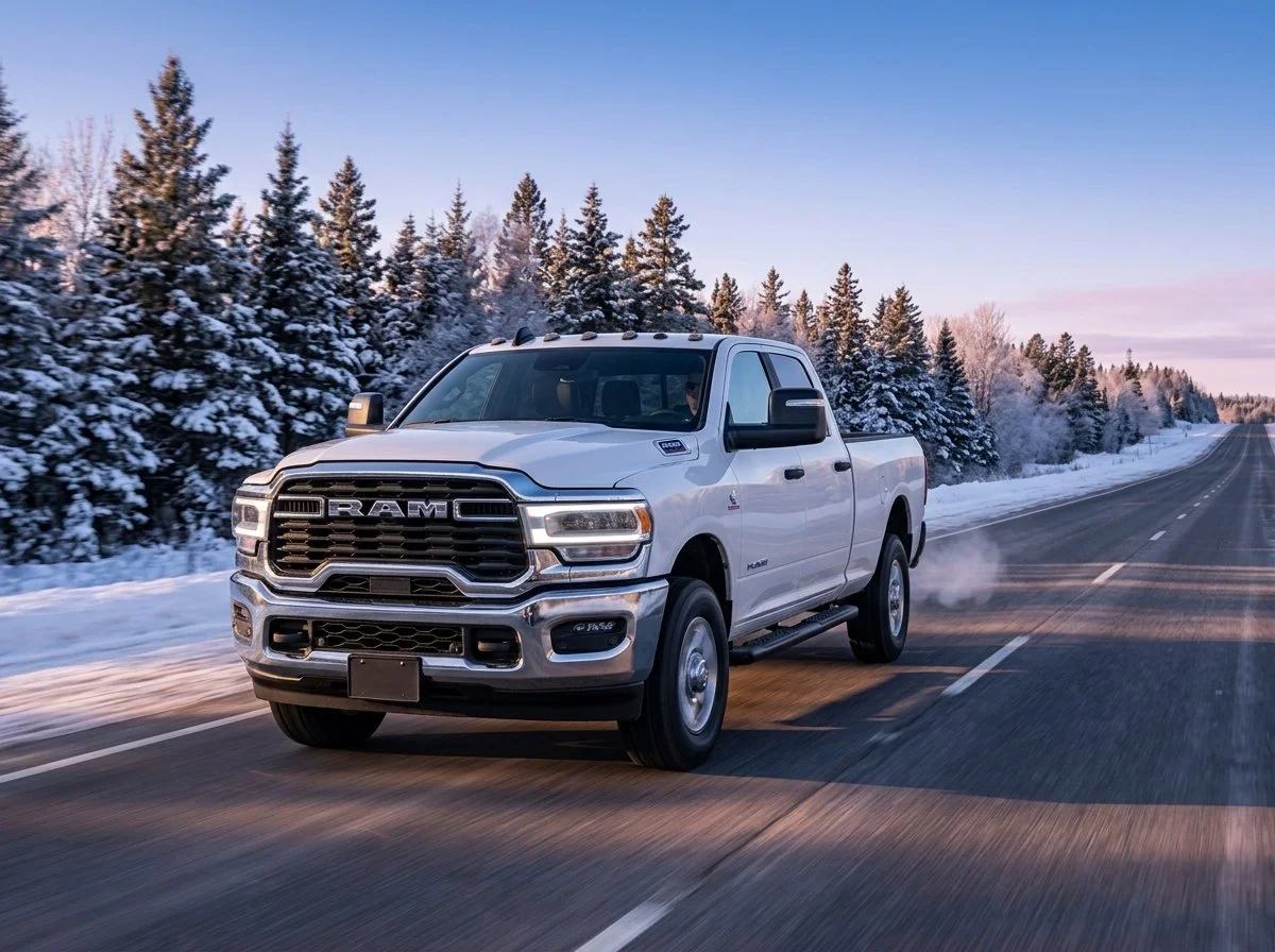 A white RAM pickup truck driving on a snowy road surrounded by snow-covered trees in winter.