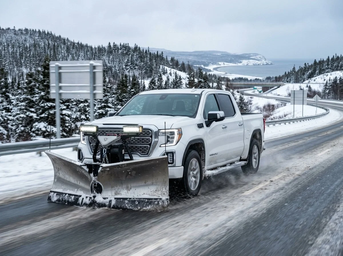 A white pickup truck equipped with a snow plow on its front, driving on a snow-covered highway through a wintery landscape with snow-covered trees and hills in the background.