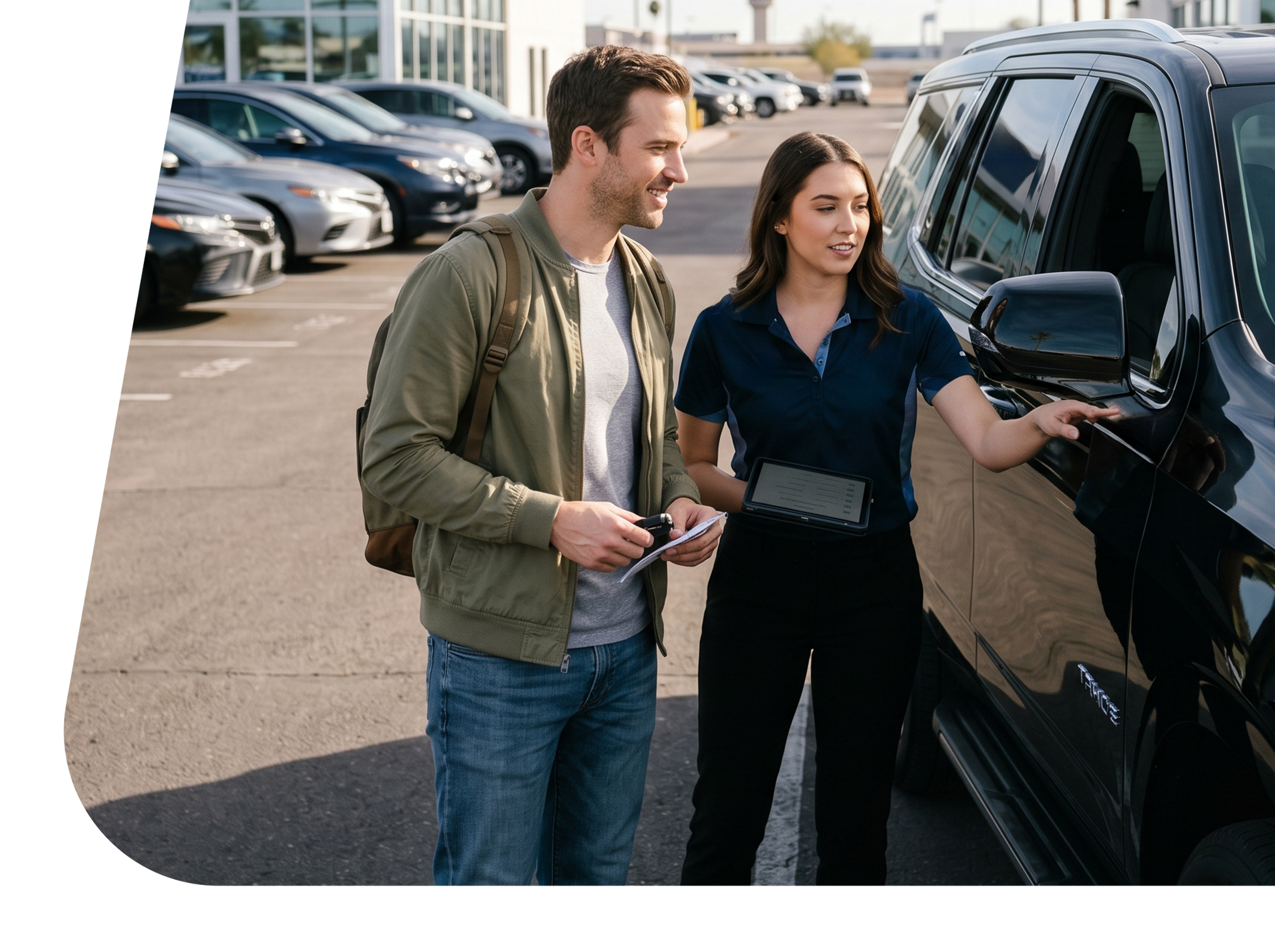 A man and a woman talking next to a black electric vehicle in a parking lot.
