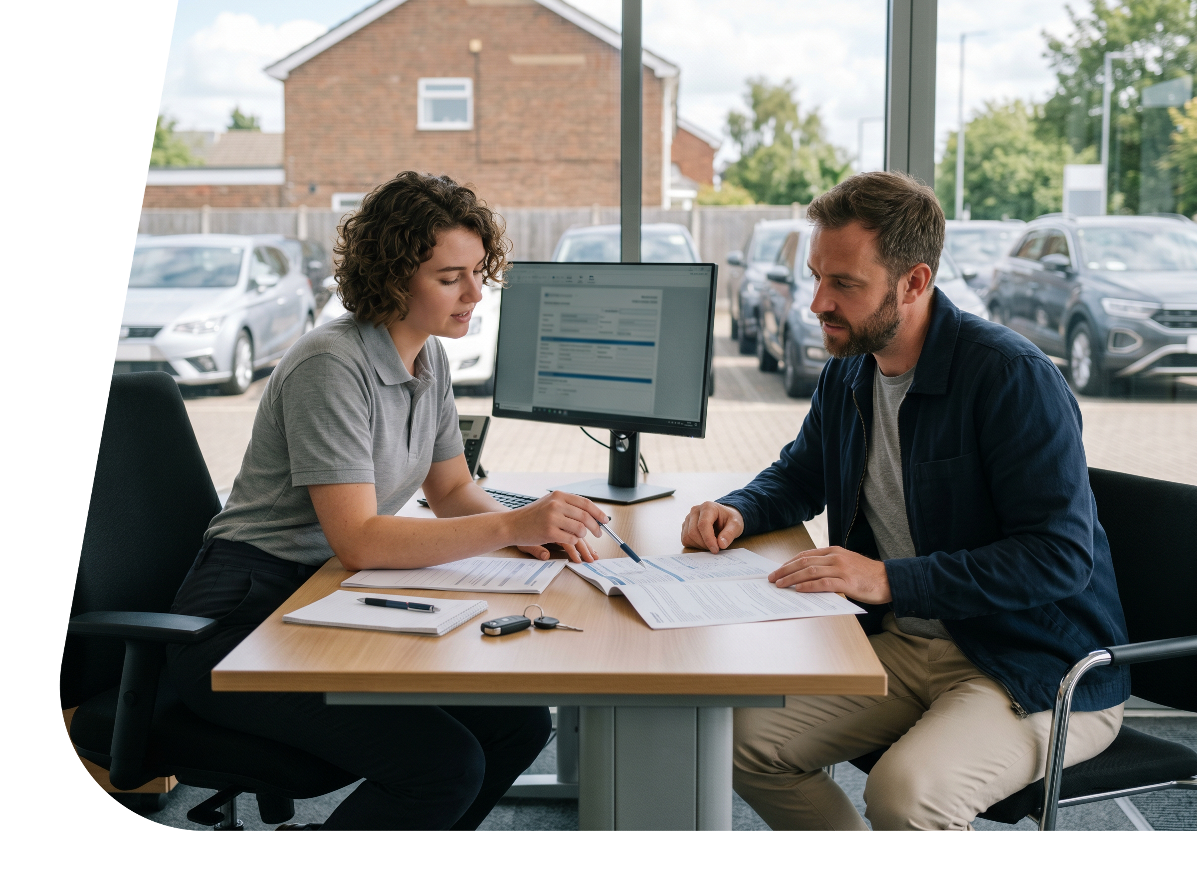 A man and woman sitting at a desk in a car dealership office, reviewing documents and discussing, with a computer monitor, keys, and notebooks on the desk. Large windows in the background show parked cars and a residential street outside.