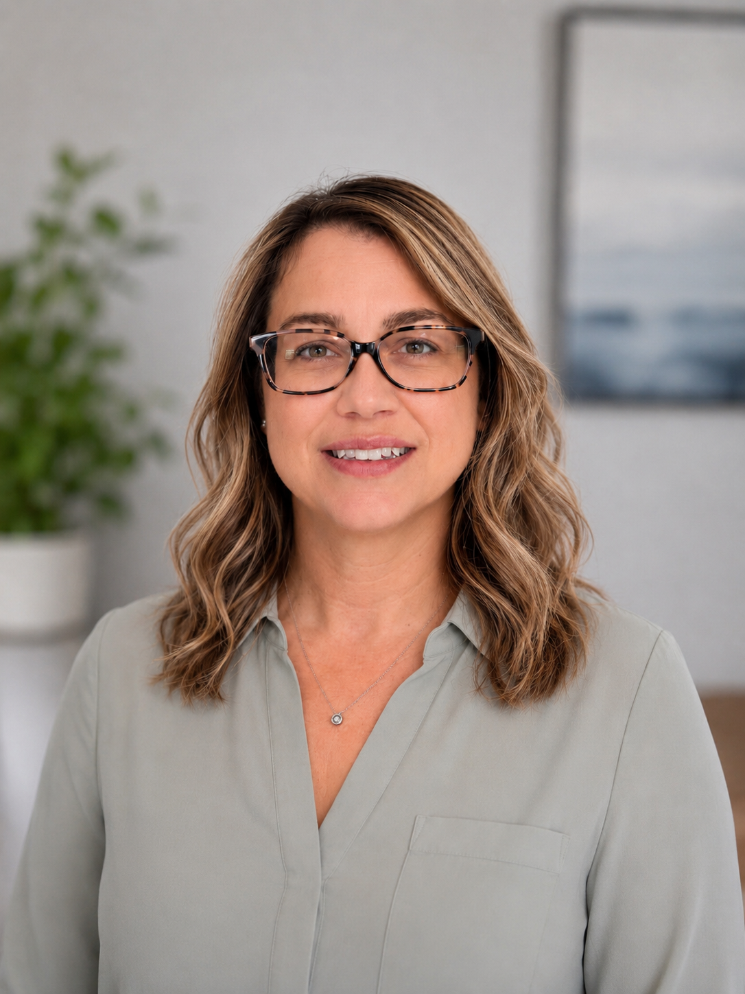A woman with wavy light brown hair, wearing glasses, a light gray blouse and a silver necklace, smiling in a bright room with a potted plant and framed artwork in the background.