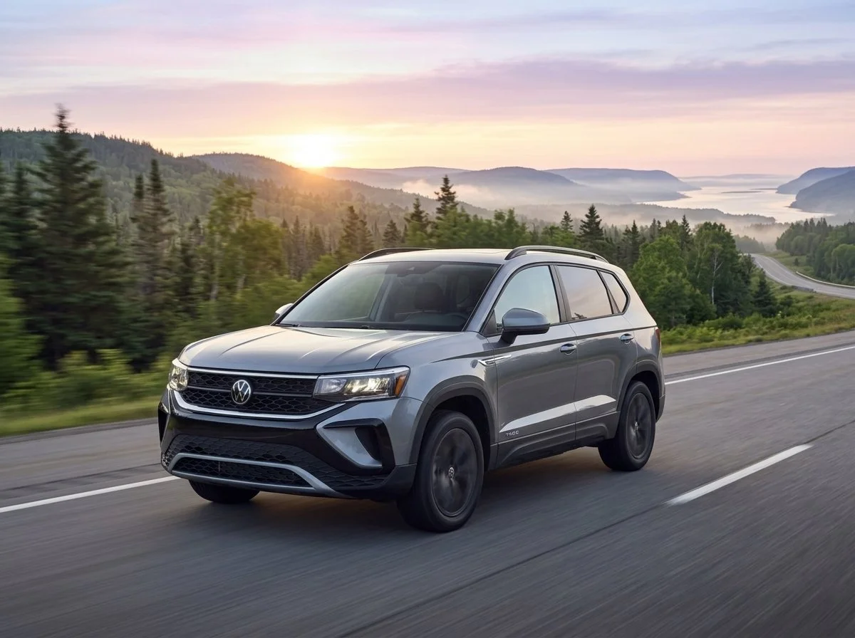 A gray Volkswagen SUV driving on a road through a scenic landscape with trees, hills, and a body of water during sunset.