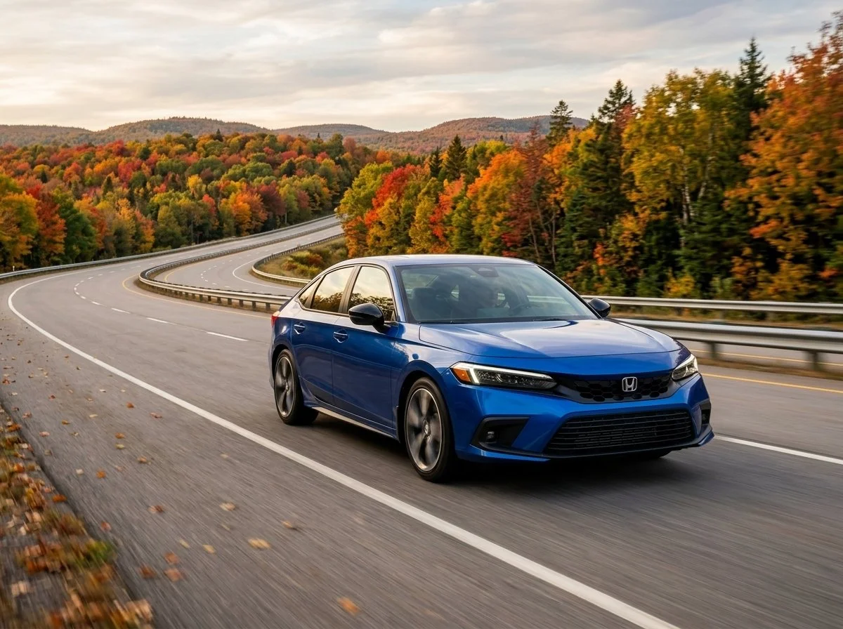 A blue Honda sedan driving on a winding road through a forested area during autumn with trees displaying fall foliage.