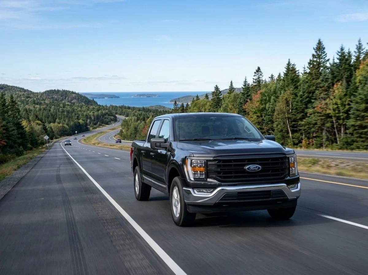 Black Ford pickup truck driving on a scenic highway with forested hills and water in the background.