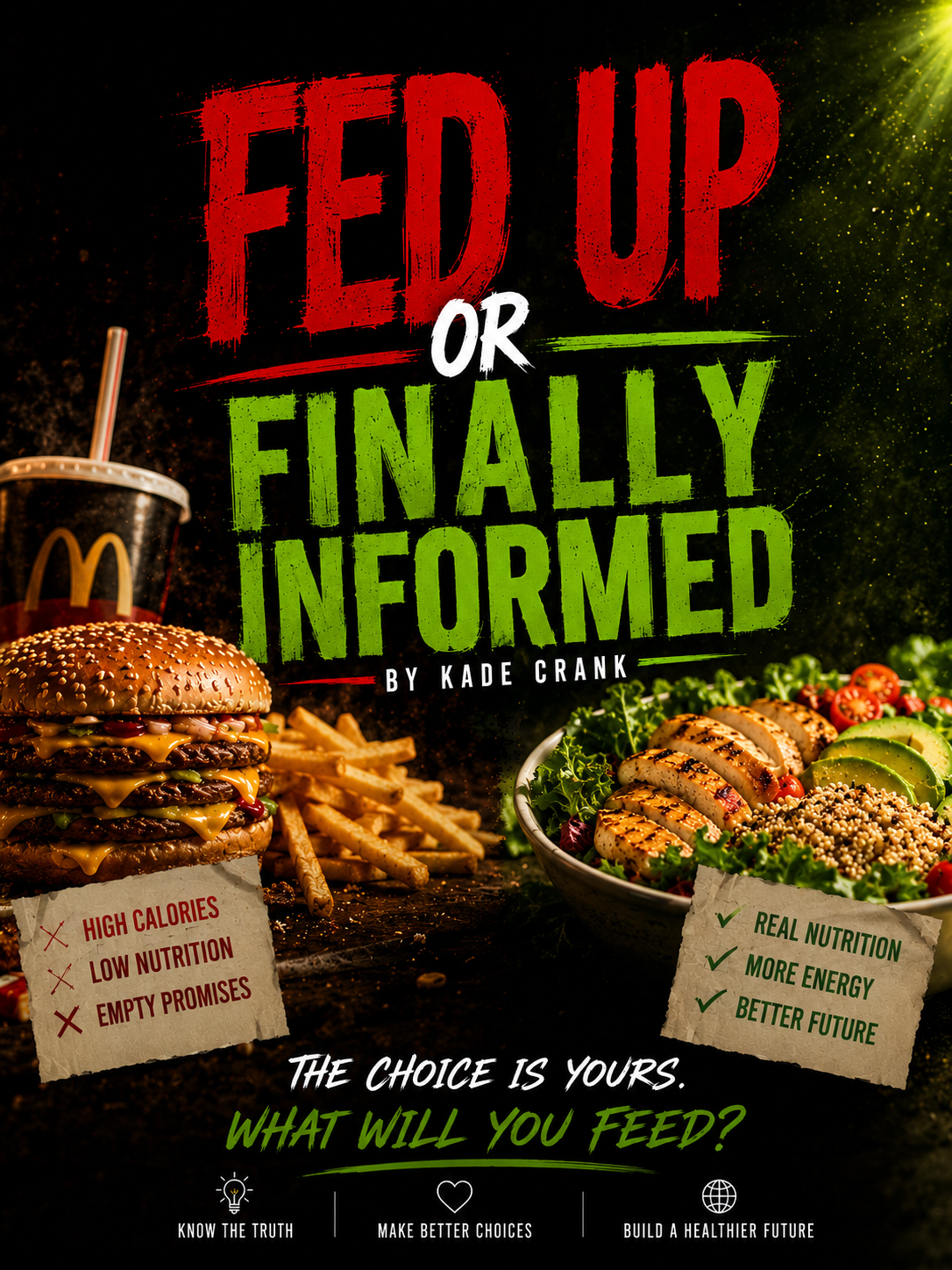 Poster comparing unhealthy fast food with healthy salad. The fast food includes a burger, fries, and soda labeled as high calorie, low nutrition, and empty promises. The salad section highlights real nutrition, more energy, and a better future. The poster emphasizes making healthier food choices.