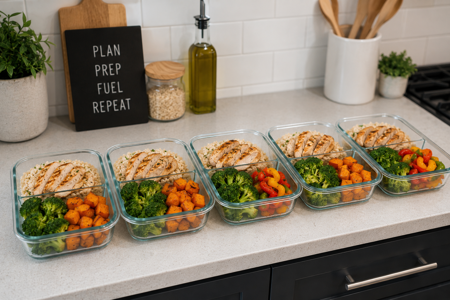Meal prep containers filled with grilled chicken, broccoli, roasted sweet potatoes, and cherry tomatoes on a kitchen countertop.