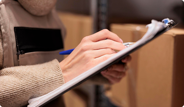 A person holding a clipboard and writing with a blue pen in a warehouse or storage area.