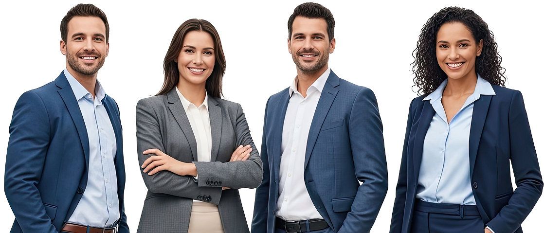 Four diverse professional individuals in business attire standing together and smiling.
