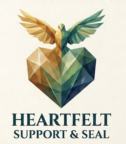 Heartfelt Support & Seal LLC logo featuring a geometric heart and dove representing support brokerage, compliance services, life portfolio management, and advocacy in New York.