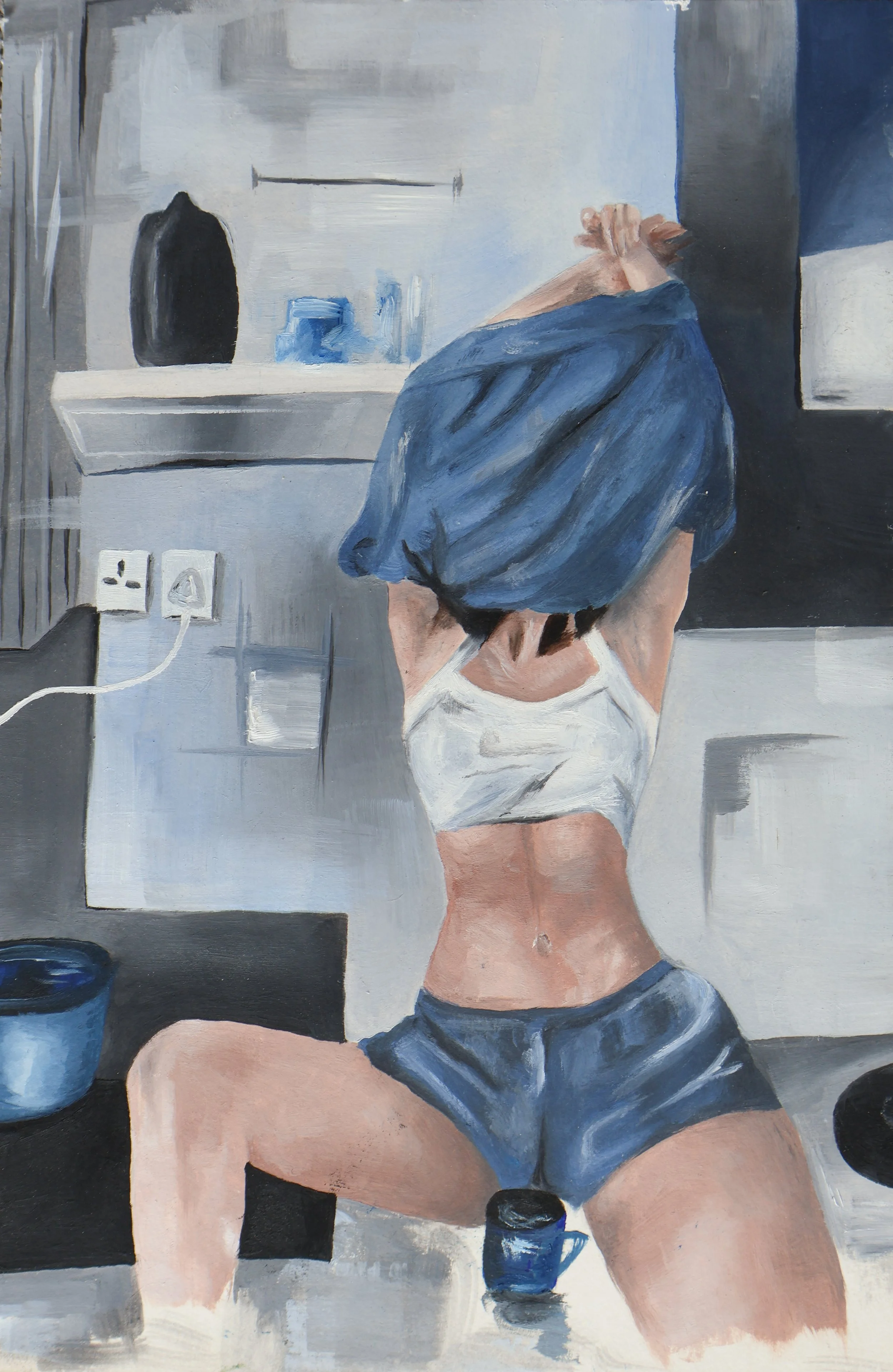 A painting of a topless woman wearing a blue robe over her shoulders and a black skirt. She is standing in a room, with her back towards the viewer, in front of a white kitchen counter with a black mug, blue container, and a bottle. There are electri