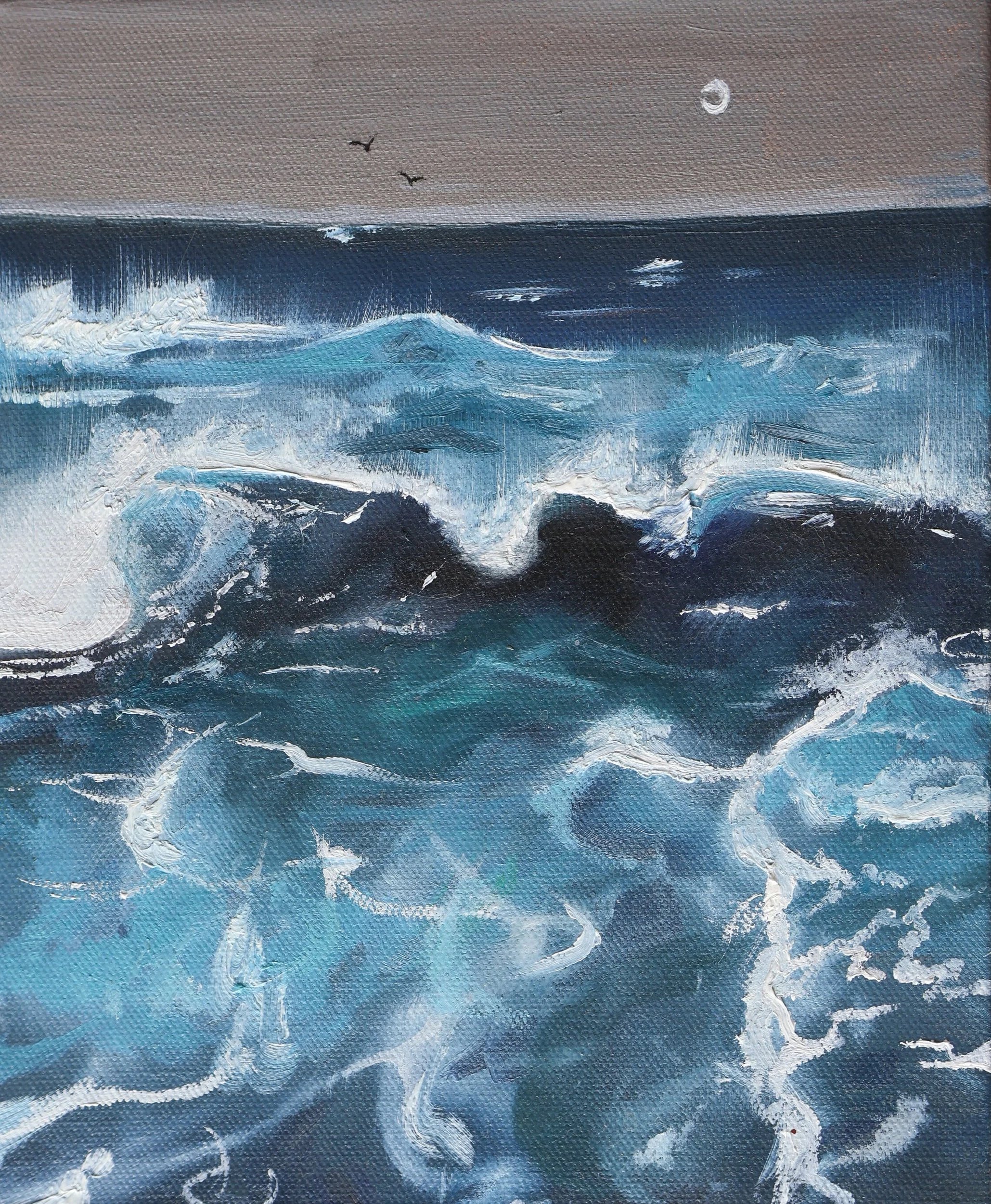 An abstract painting of ocean waves with white foamy crests in shades of blue, black rocks at the bottom, a gray sky with a crescent moon, and two flying birds above.