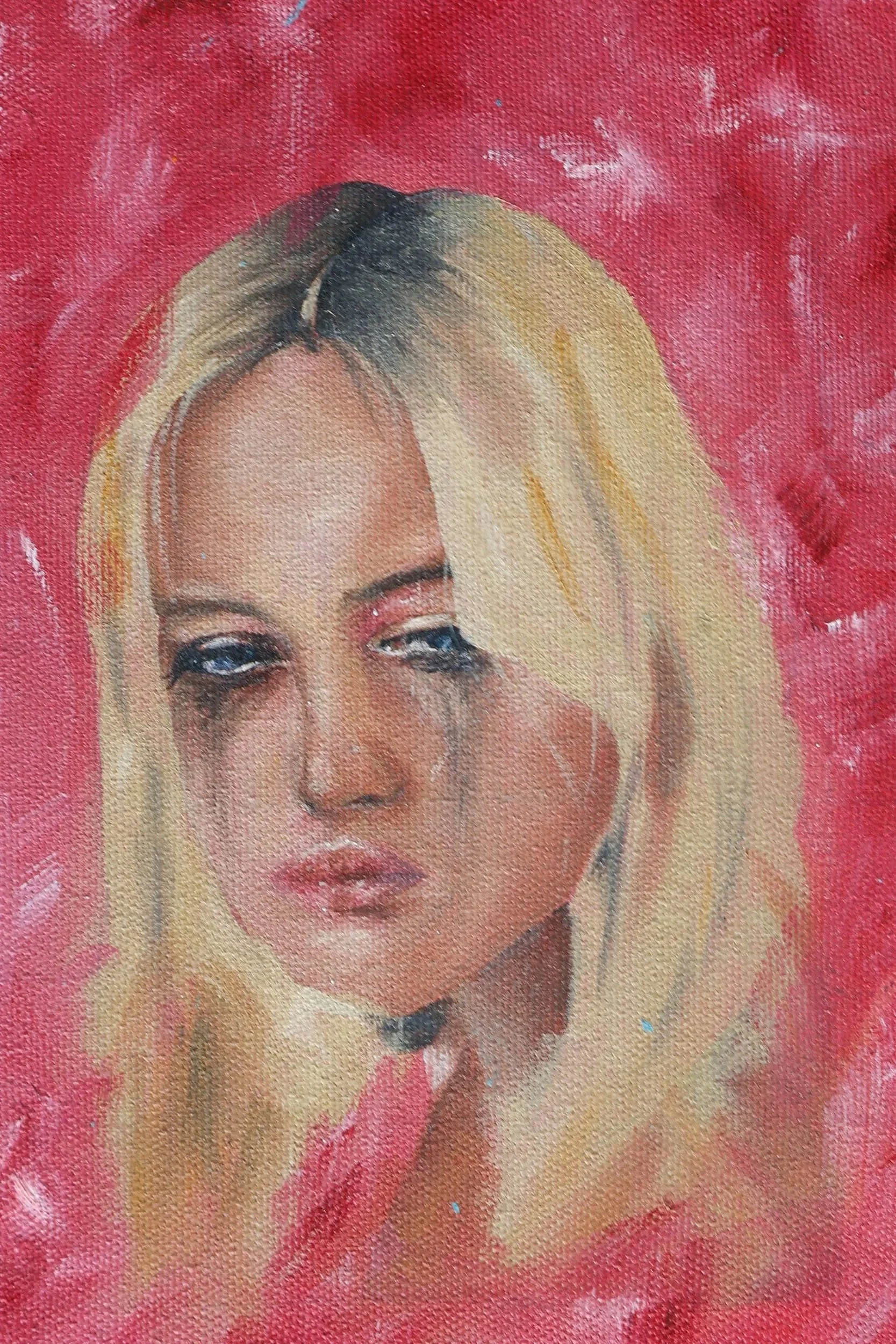 Close-up of a painted portrait of a woman with long blonde hair, dark eye makeup, and subtle lip color, set against a pink textured background.