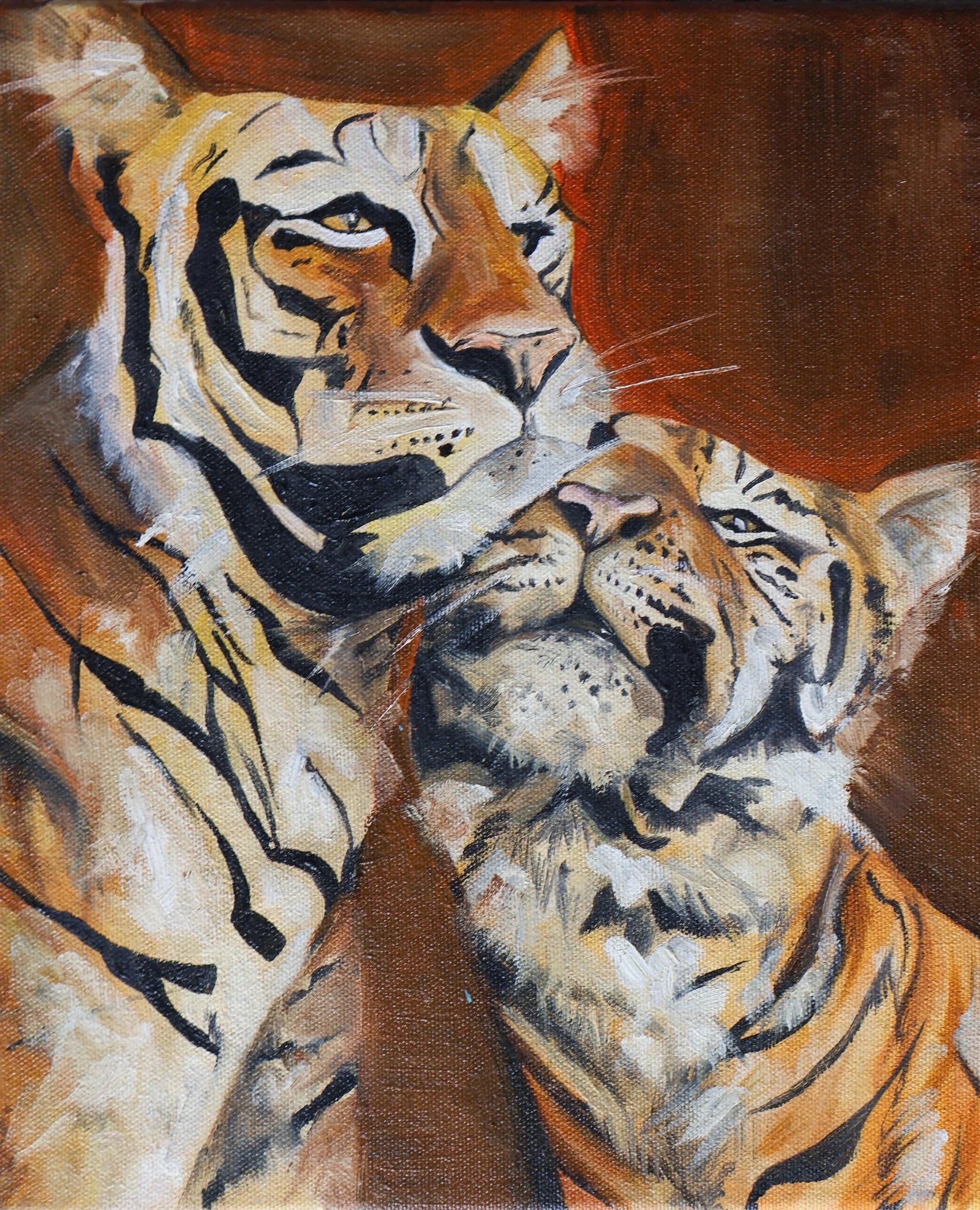 An artistic painting of a tiger resting, with detailed black, orange, and white fur markings, against a brown background.