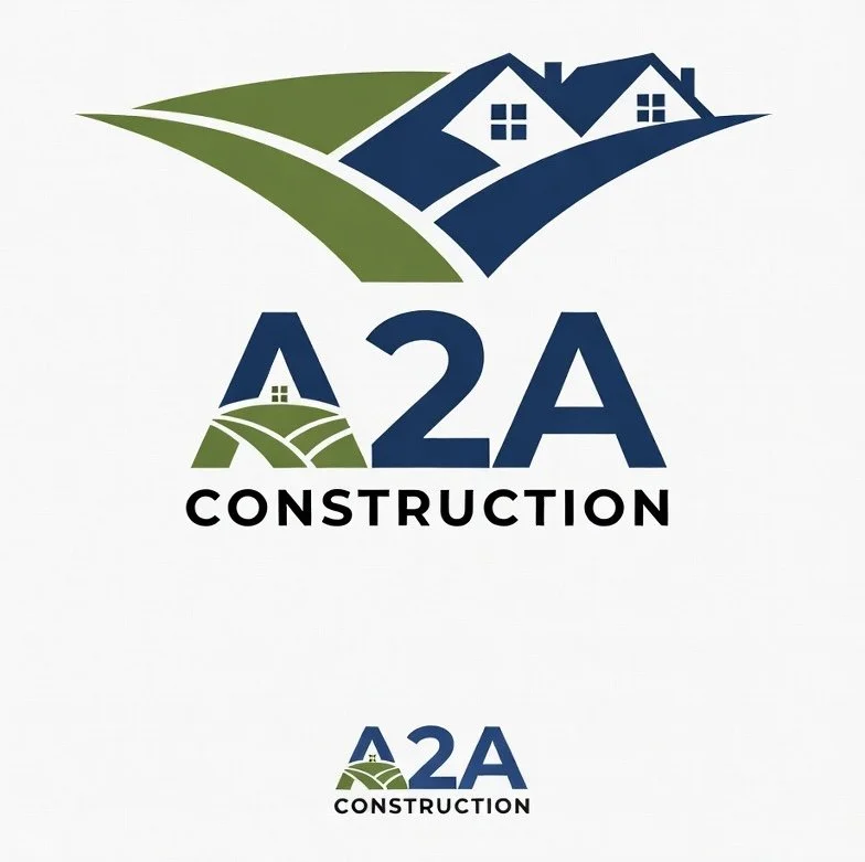 A logo for A2A Construction featuring stylized houses and fields in green and blue, with the company name below.