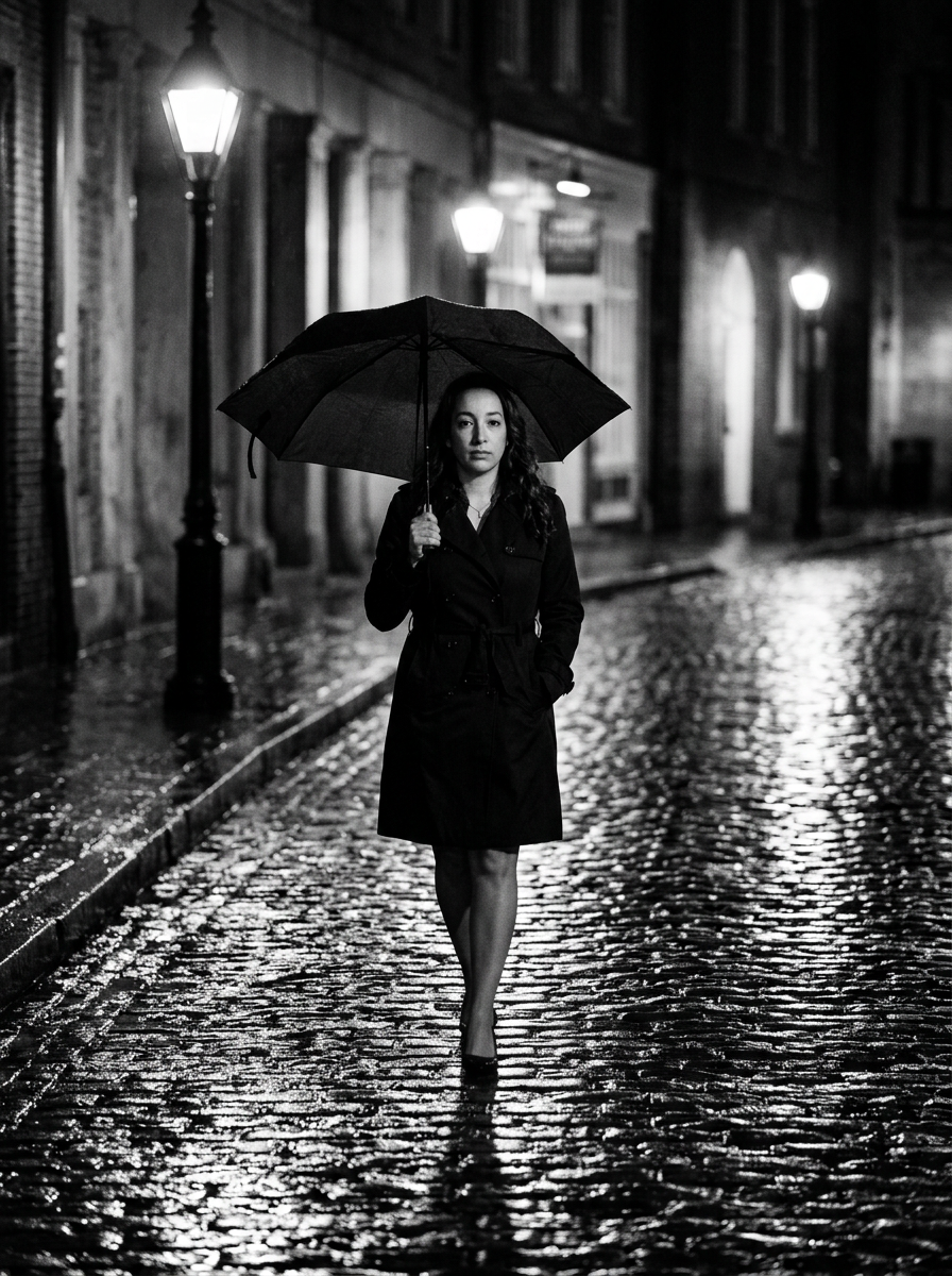 A woman walking on a cobblestone street at night, holding an umbrella, illuminated by streetlights, in black and white.
