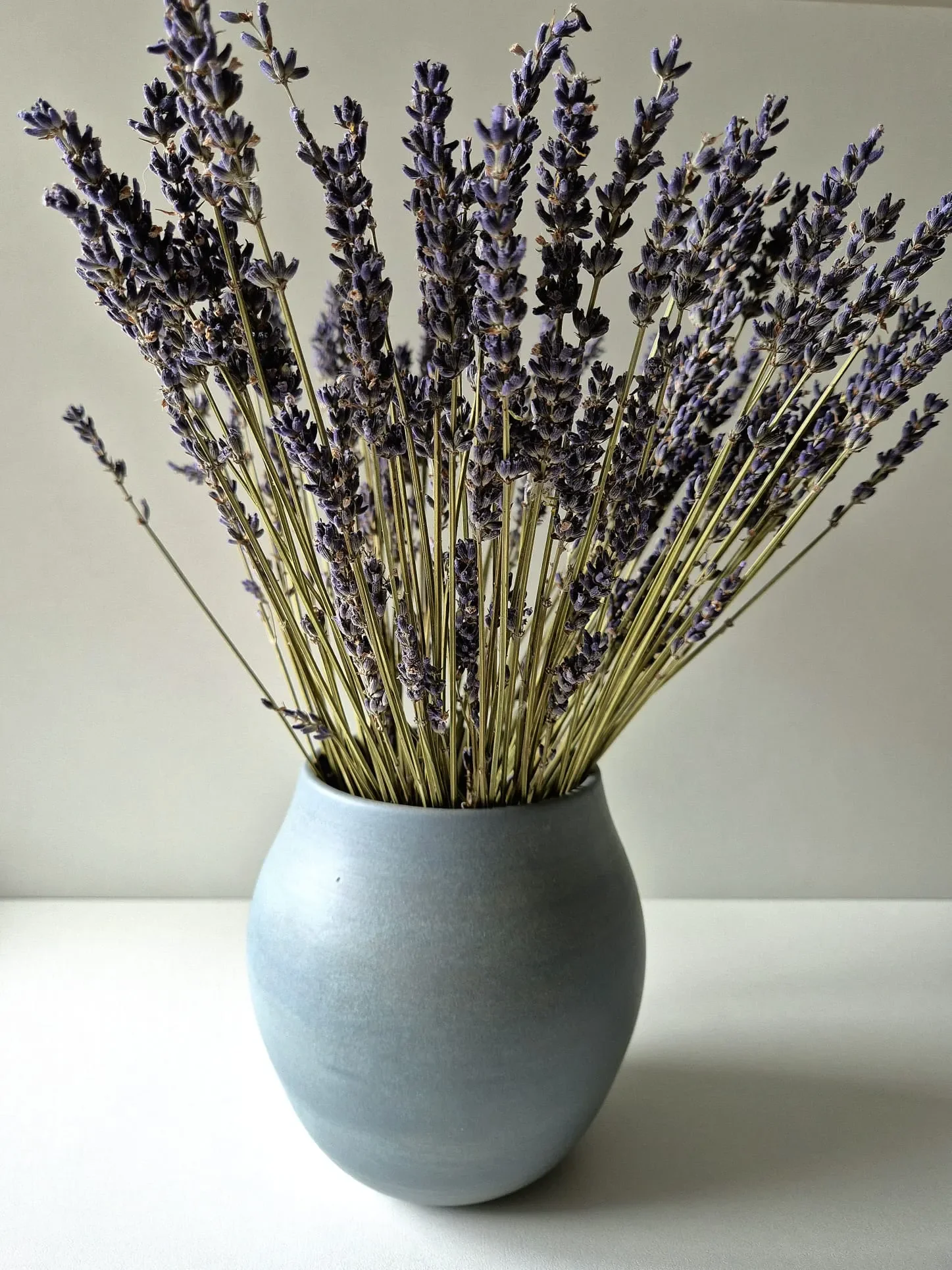 Vase mit getrocknetem Lavendel auf einer weißen Oberfläche.