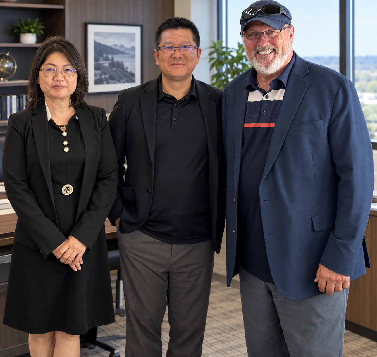 Three professionally dressed people, two men and one woman, standing in an office with large windows, plants, and framed photos on the wall, smiling at the camera.