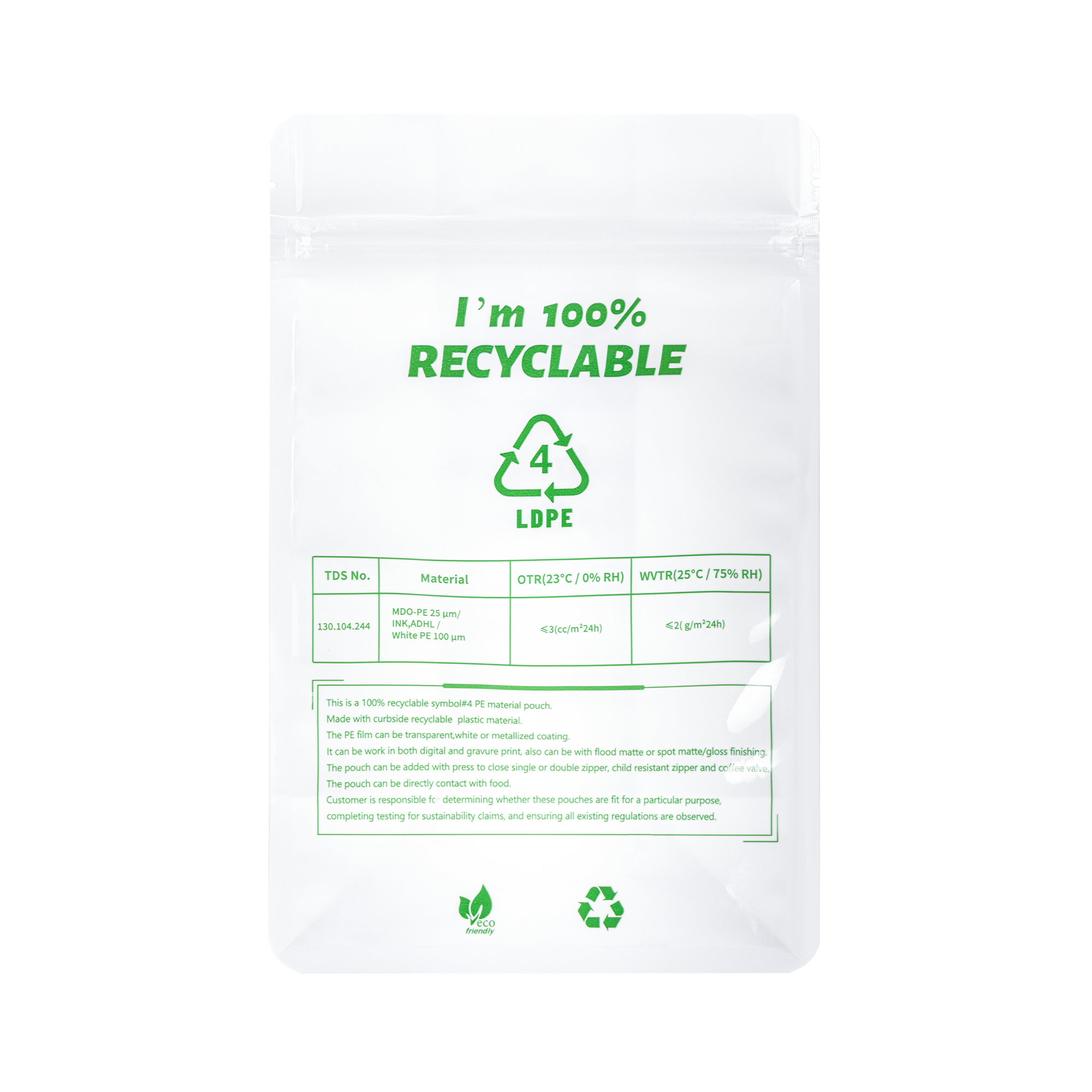 A white polyethylene (PE) plastic pouch with green recycling symbols and text indicating it is 100% recyclable.