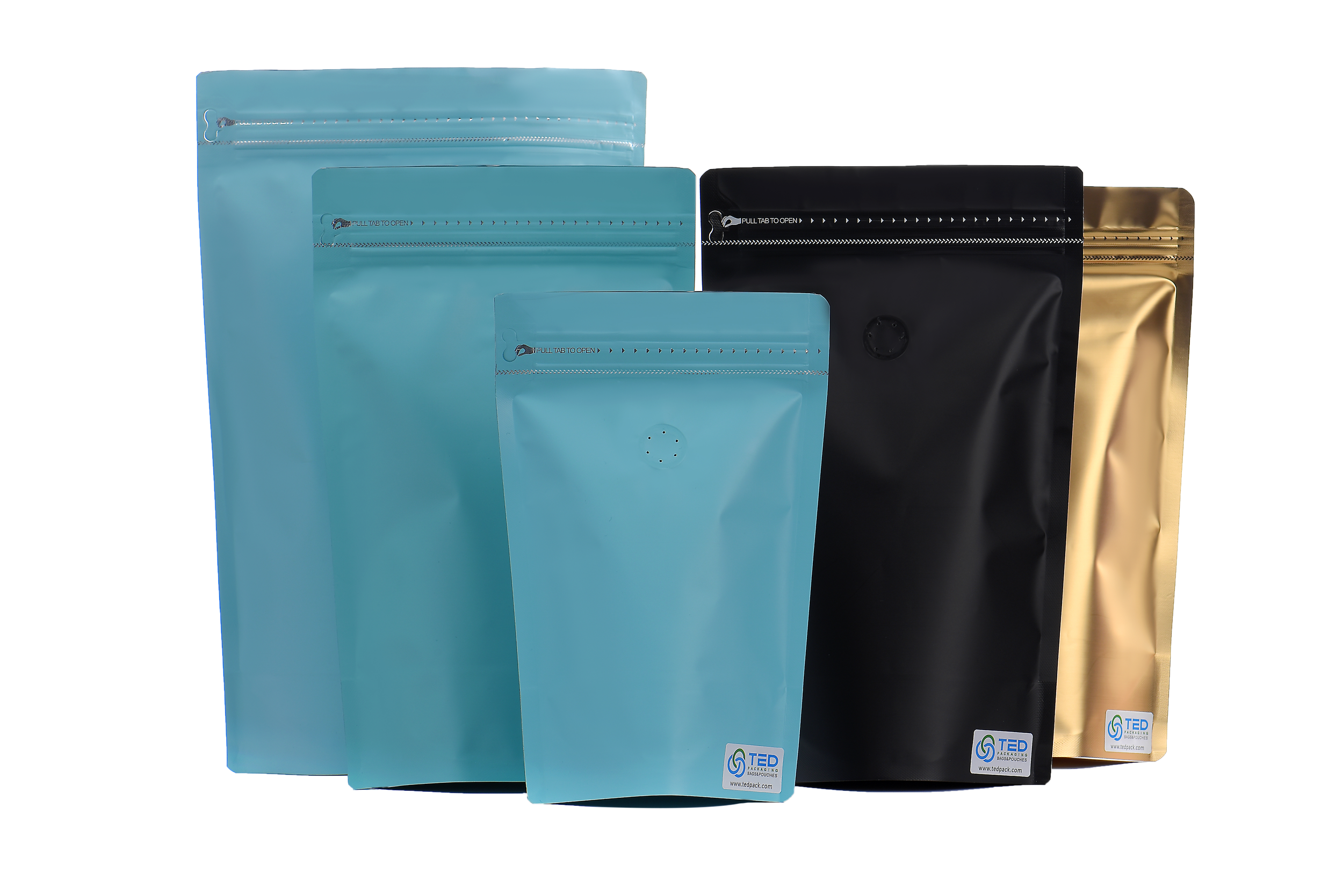 Set of four resealable pouches in blue, black, and gold, with the TED Packaging logo in the bottom right corner.