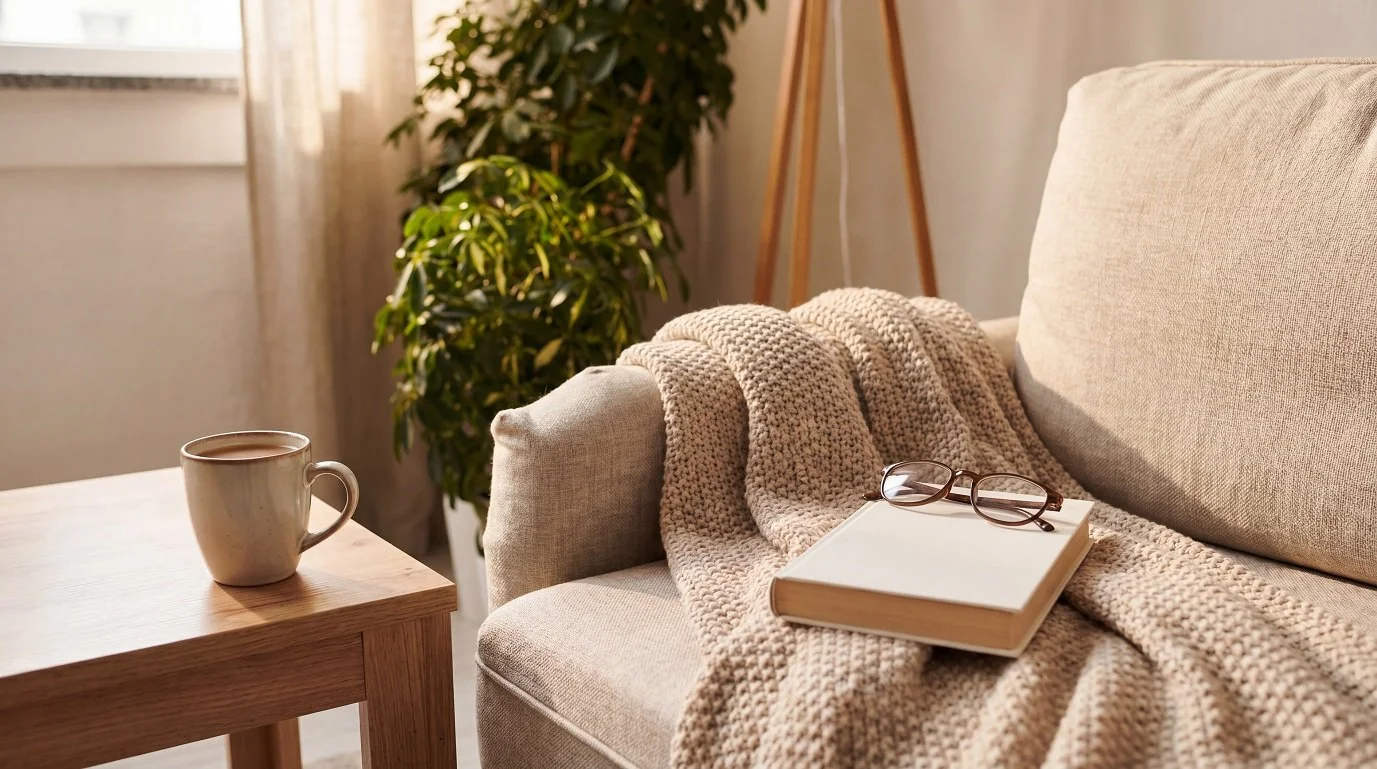 Canapé beige recouvert d’une couverture tricotée, avec un livre et des lunettes posés dessus ; tasse en céramique sur une table en bois, plante verte et lumière douce venant de la fenêtre.