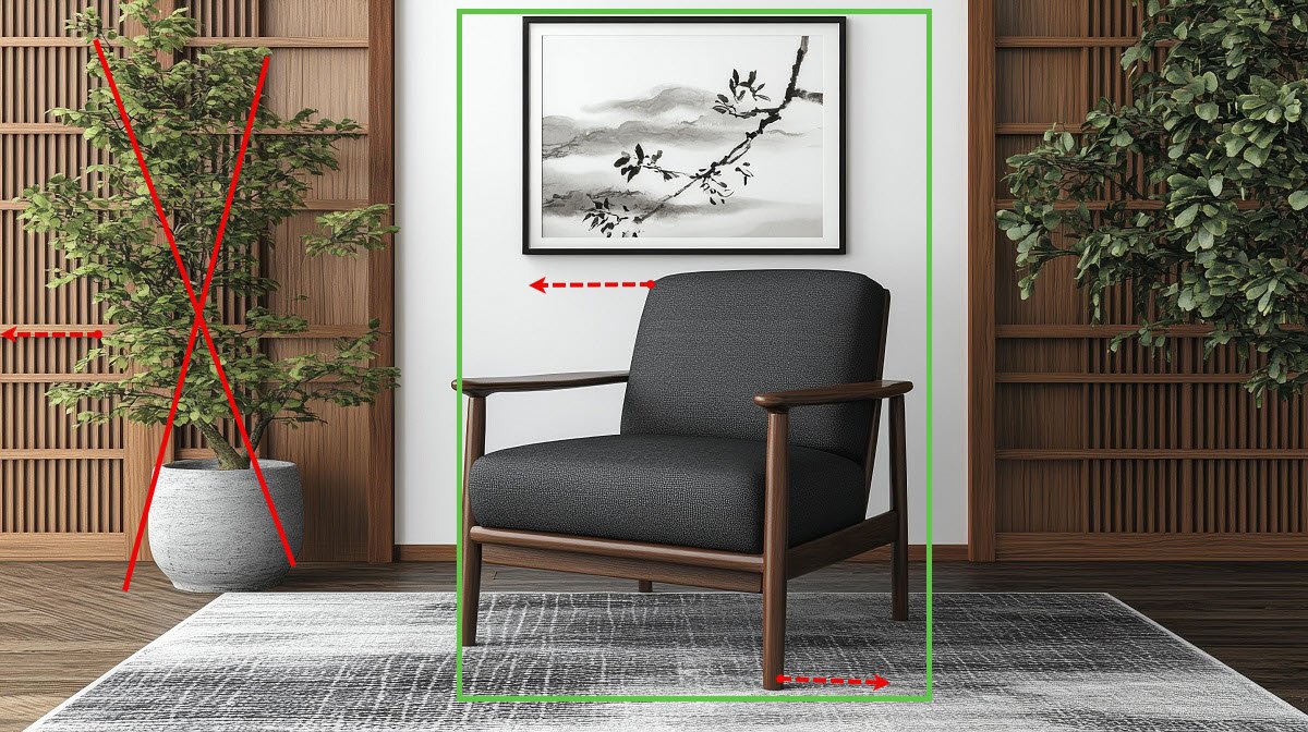 Fauteuil moderne en tissu gris foncé avec structure en bois, placé sur un tapis gris clair devant un mur blanc orné d’un tableau minimaliste, avec flèches proposant des mouvements.