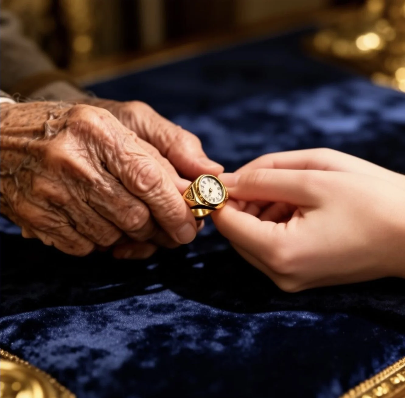 An elderly person's hand, wrinkled and aged, holding a gold wristwatch, while a younger person's hand touches the watch, with a dark fabric surface and a blurred golden background.