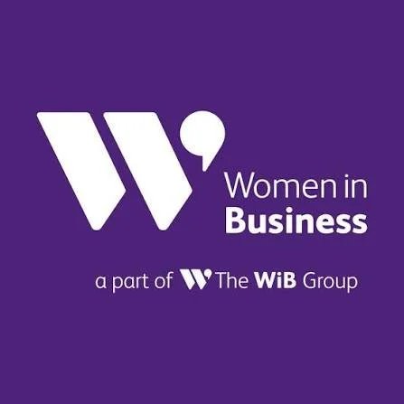 Women in Business logo with a large white 'W' on a purple background, and text 'Women in Business, a part of The WiB Group'.
