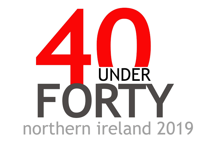 Design with large red '40' and the words 'under forty' in black and gray, with additional text 'northern Ireland 2019' in light gray.