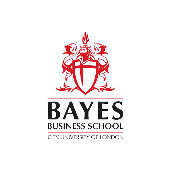Bayes Business School logo featuring a red shield with a torch and two flames, with the text "BAYES BUSINESS SCHOOL" and "CITY, UNIVERSITY OF LONDON" underneath.