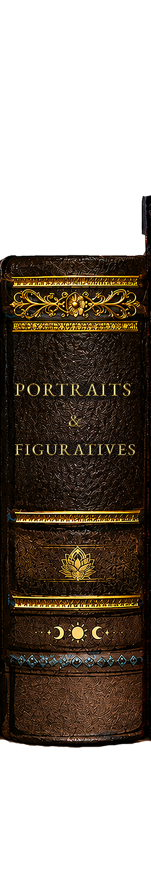 A decorative leather-bound book titled 'Portraits & Figuratives' with ornate gold embellishments, a lotus flower symbol, and moon phases on the cover.