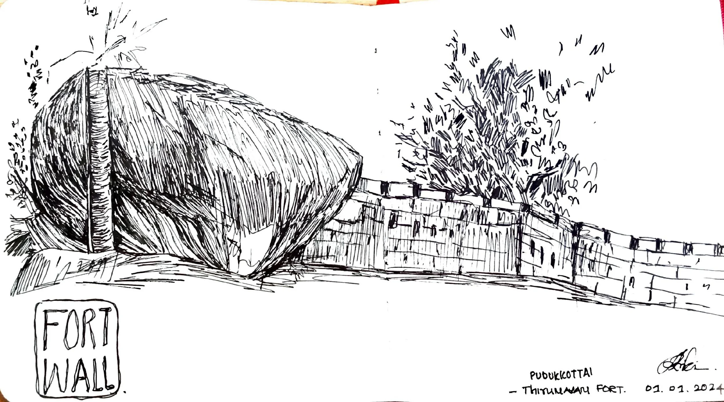 A detailed black and white sketch of a fort wall with a thatched roof structure and trees in the background. The drawing includes a sign that says 'FORT WALL' and handwritten notes mentioning 'Puukottai - Thitimani Fort, 01.01.2024'.