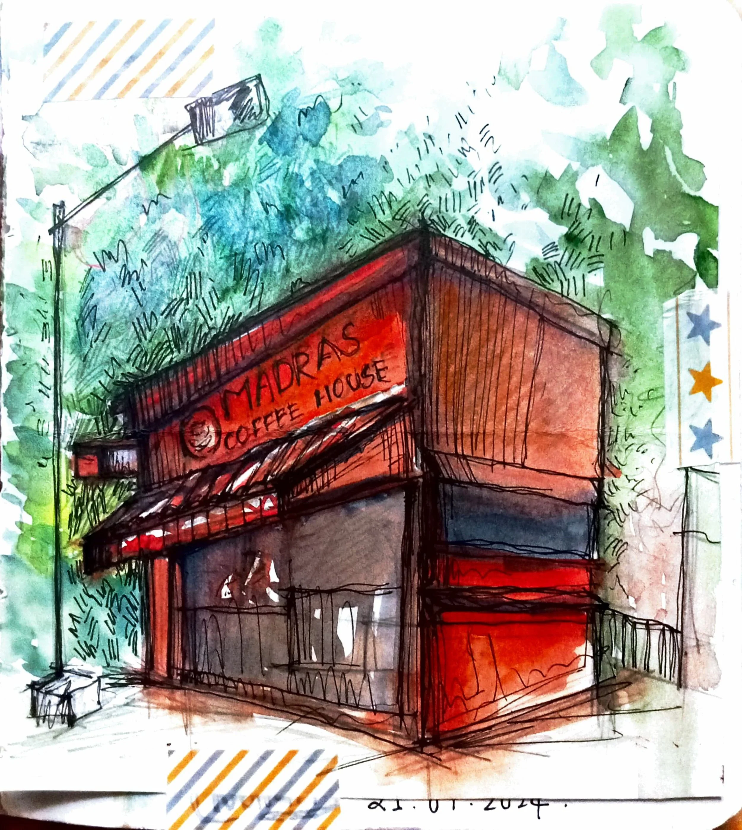 Watercolor sketch of a coffee shop named 'Madras Coffee House' with a red building, surrounded by green trees and a partly cloudy sky, marked with the date '21.07.2024' at the bottom.