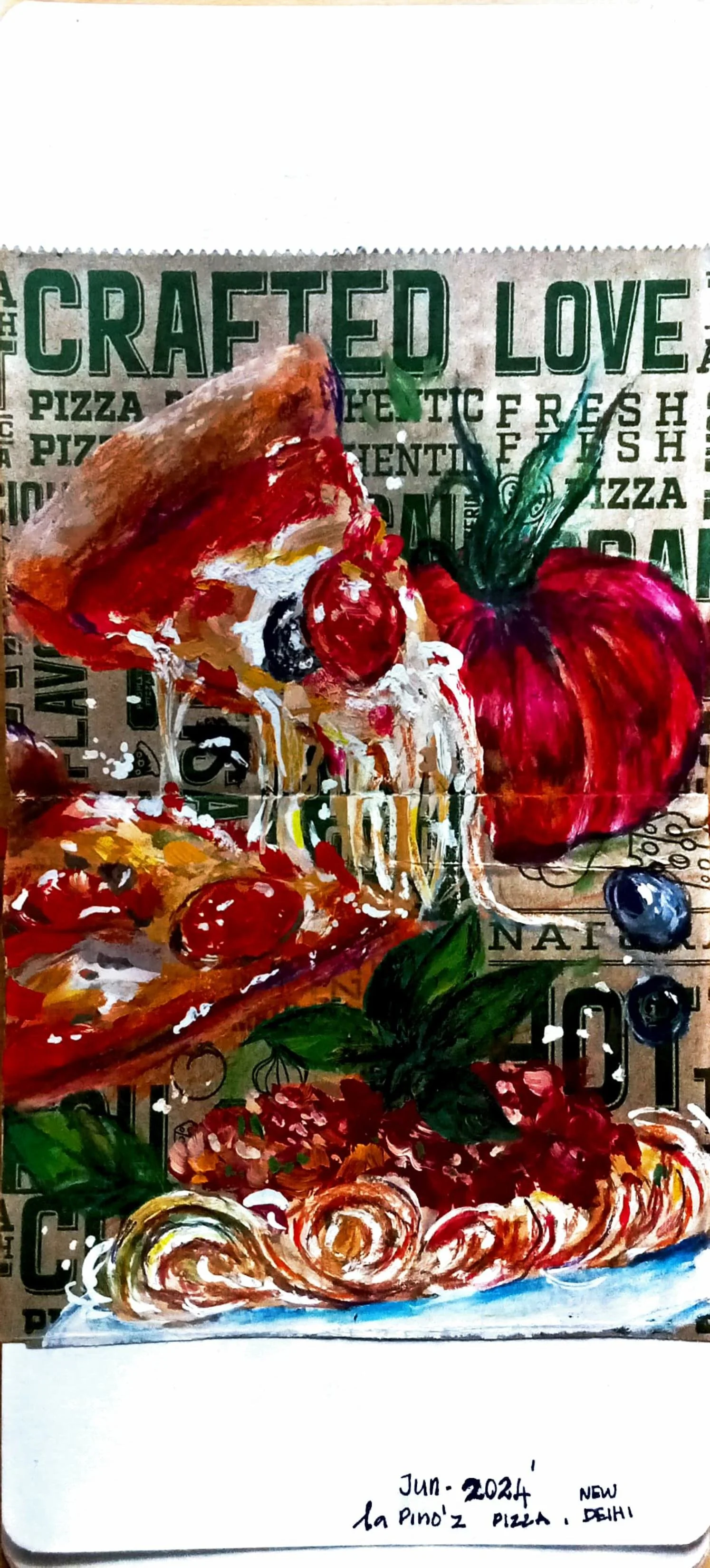 'Pizza' gouache on a pizza wrapper