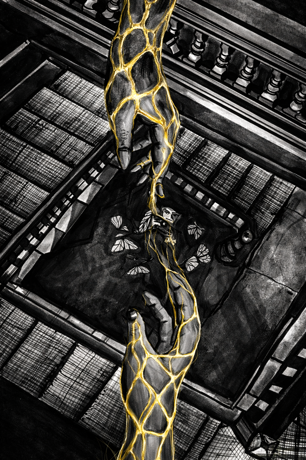 Black and white illustration of a tall, illuminated giraffe sculpture with a butterfly design on the body, seen from below inside a multi-level building with railings and stairs.