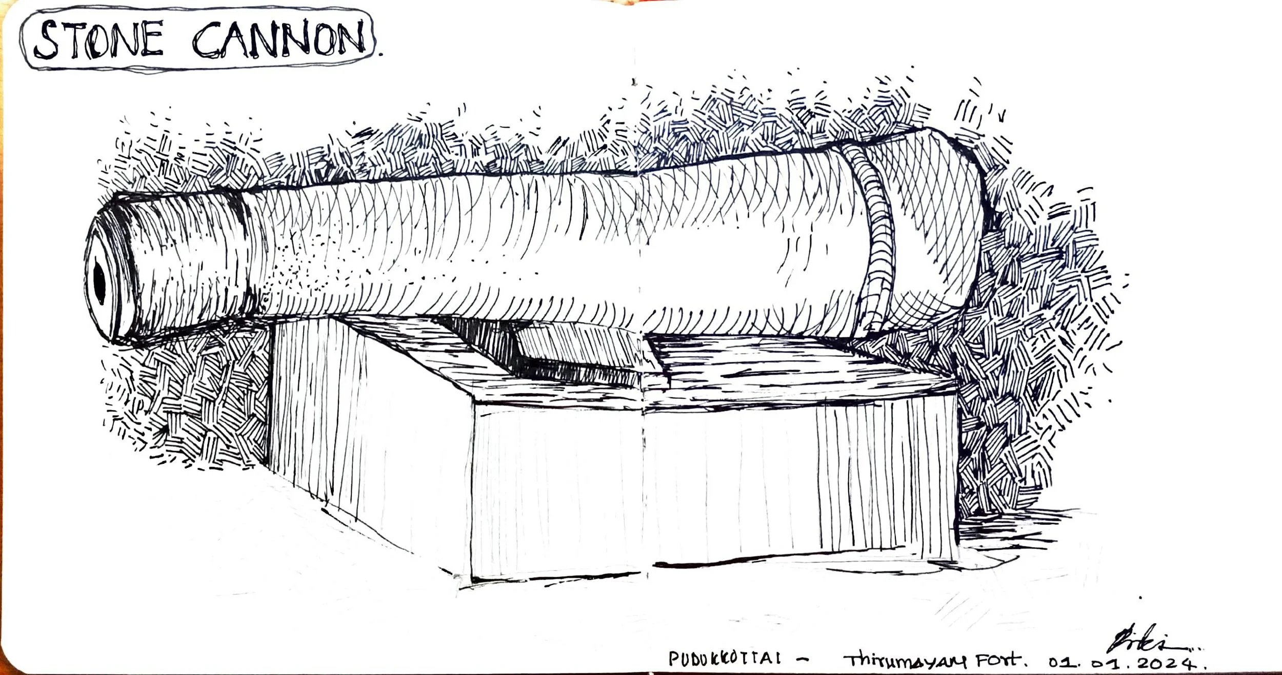 A hand-drawn sketch of a stone cannon on a wooden platform, with a tree or bush nearby. The drawing is labeled "Stone Cannon" at the top left corner, and notes at the bottom indicate it is from Pudukkottai, Thirumayaru Fort, dated February 11, 2024.