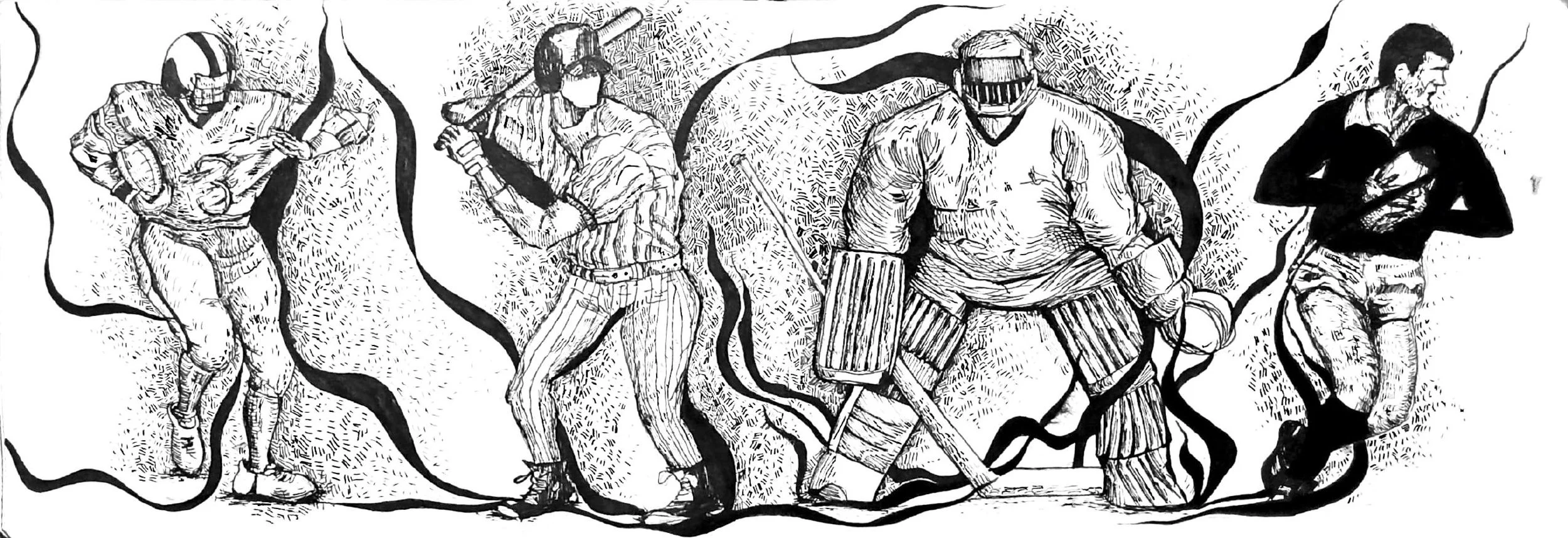 Black and white illustration of five people in sports attire, standing with different stances. The first person on the left appears to be a football player, the second a baseball player, the third a hockey goalie, the fourth a football player, and the fifth a woman with crossed arms.