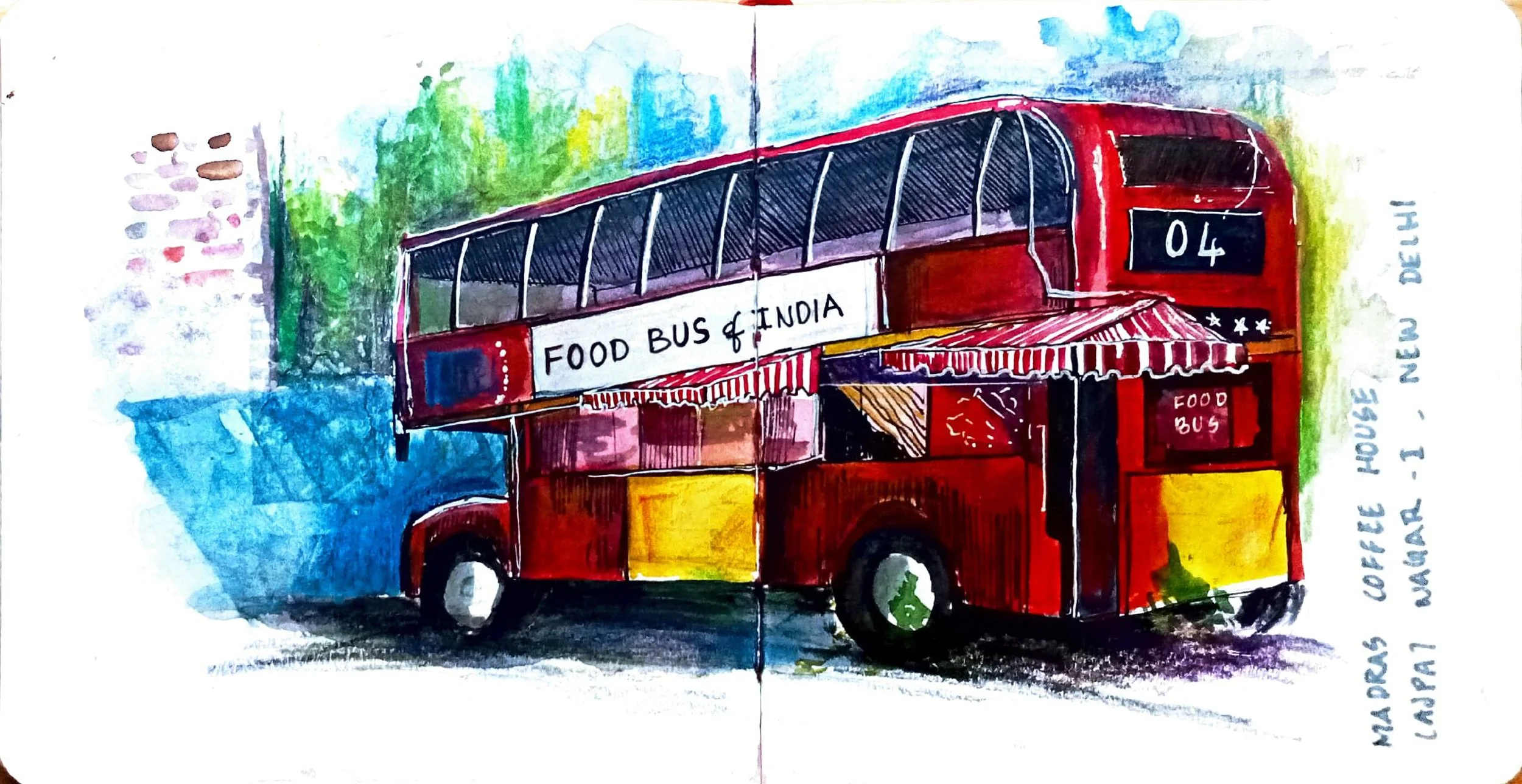 Watercolor painting of a red double-decker food bus with striped awning, labeled "Food Bus of India." The background features trees and a blue sky. Handwritten notes on the right side mention "House N 1, Dehlhi," "30 April," and "Mahape,".
