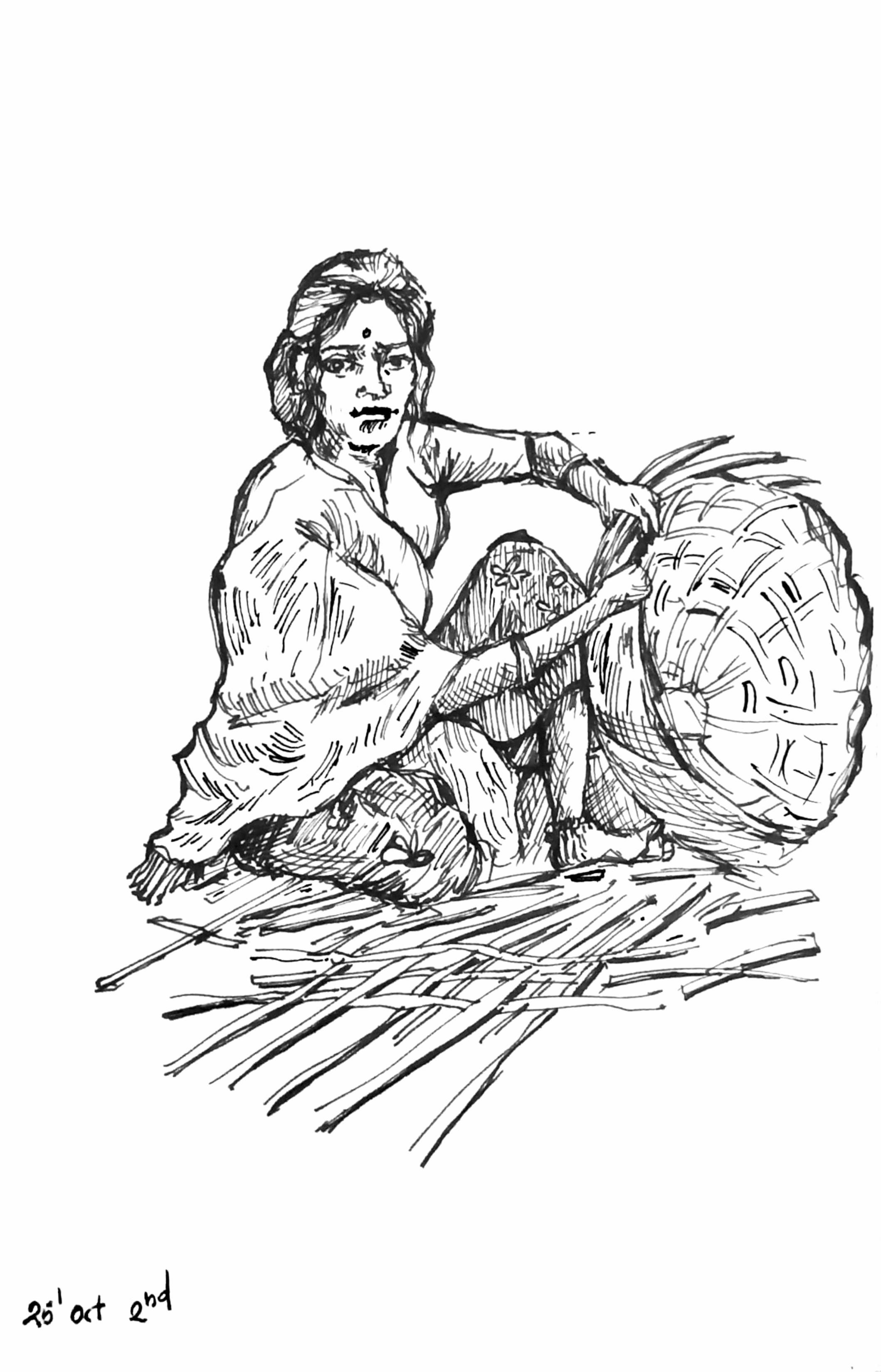 A black and white sketch of a person sitting on the ground with a large, wrapped bundle or object beside them. The person appears to have long hair and is wearing traditional clothing. The date '25th oct 2nd' is handwritten in the bottom left corner.