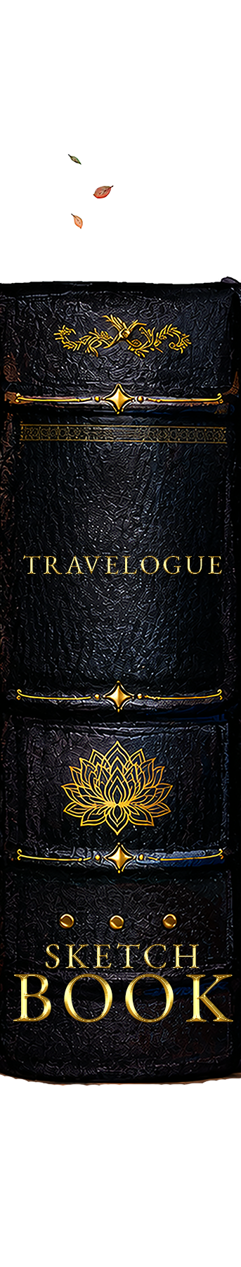 A black leather sketchbook with gold decorative elements and the words "TRAVELOGUE" and "SKETCH BOOK" on the cover.