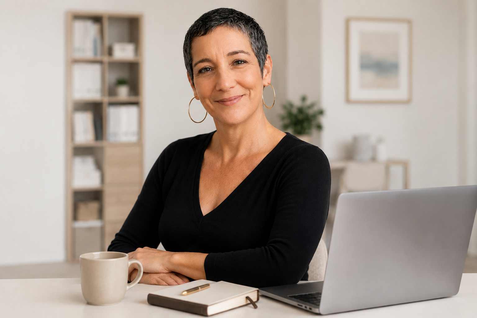 Virginie Bianchini, consultante en évolution de carrière et management à Ollioules, Provence, souriante à son bureau avec son ordinateur portable.