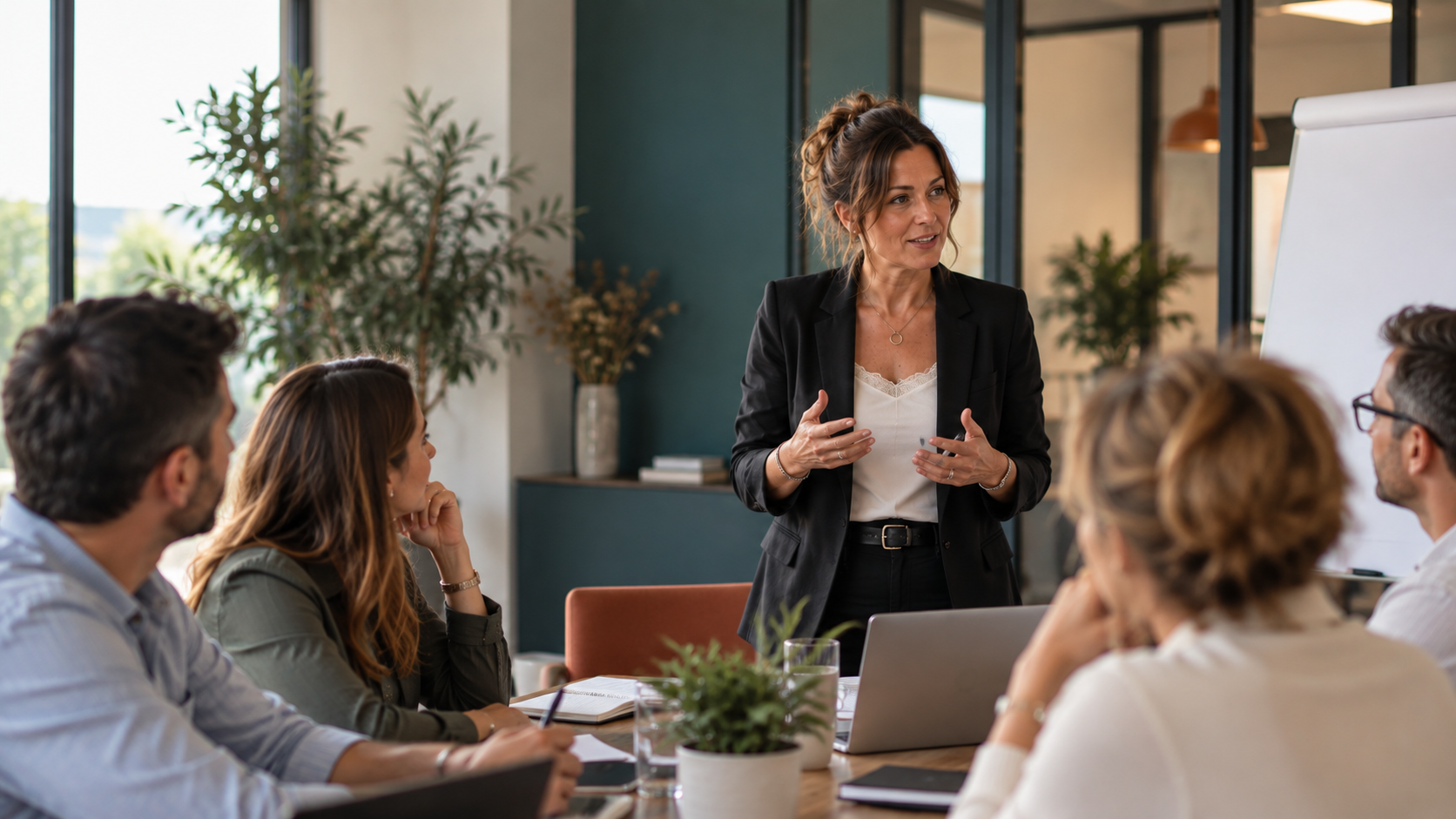 Manager en réunion avec son équipe, dans un environnement professionnel, illustrant le leadership, la communication et la posture managériale. Var Toulon, Olioules Sanary PACA