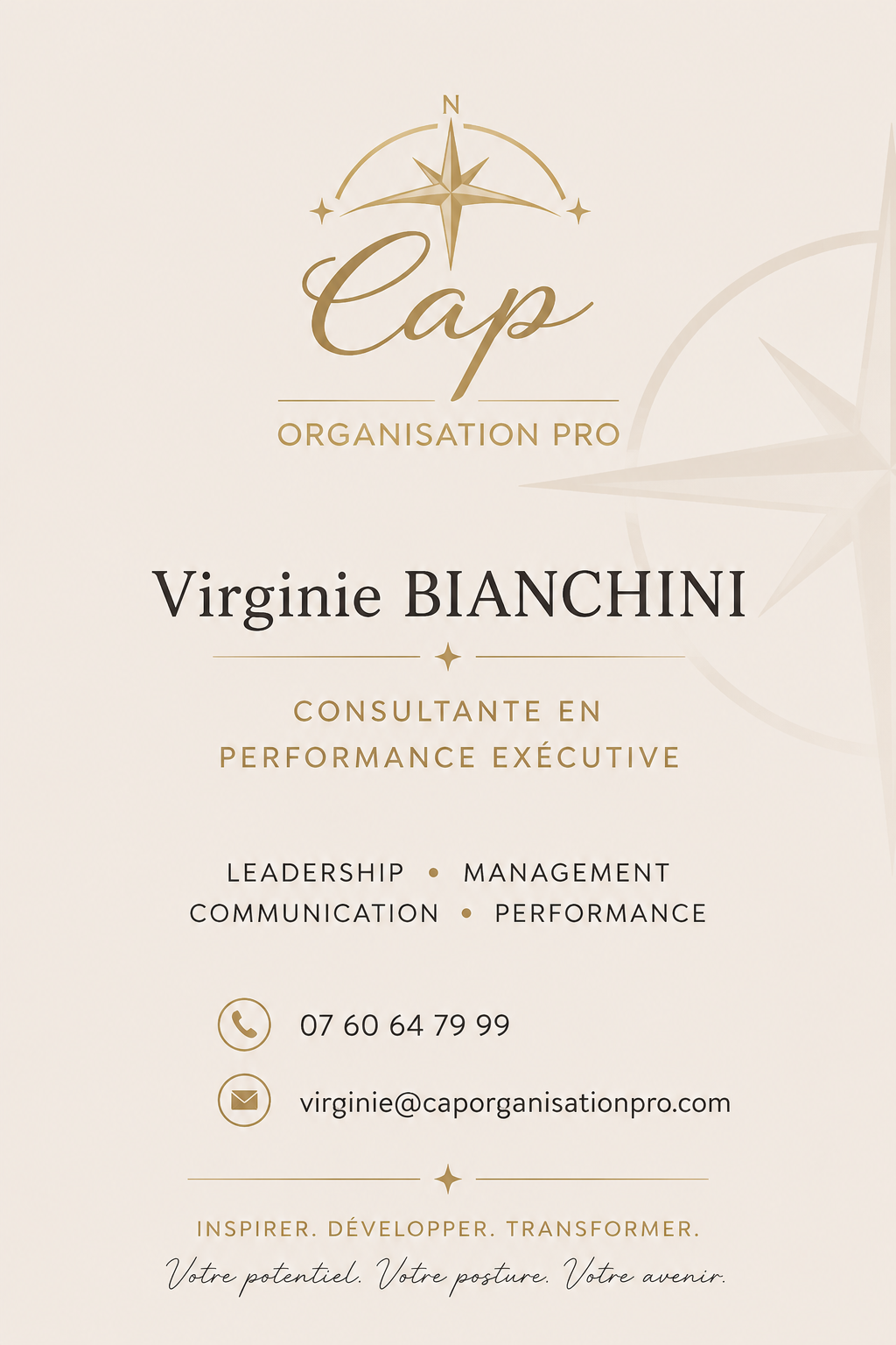 Virginie Bianchini, Consultante en Performance Exécutive. Accompagnement des dirigeants, managers, entrepreneurs et professionnels dans le développement du leadership, du management, de la communication professionnelle et de la performance durable.