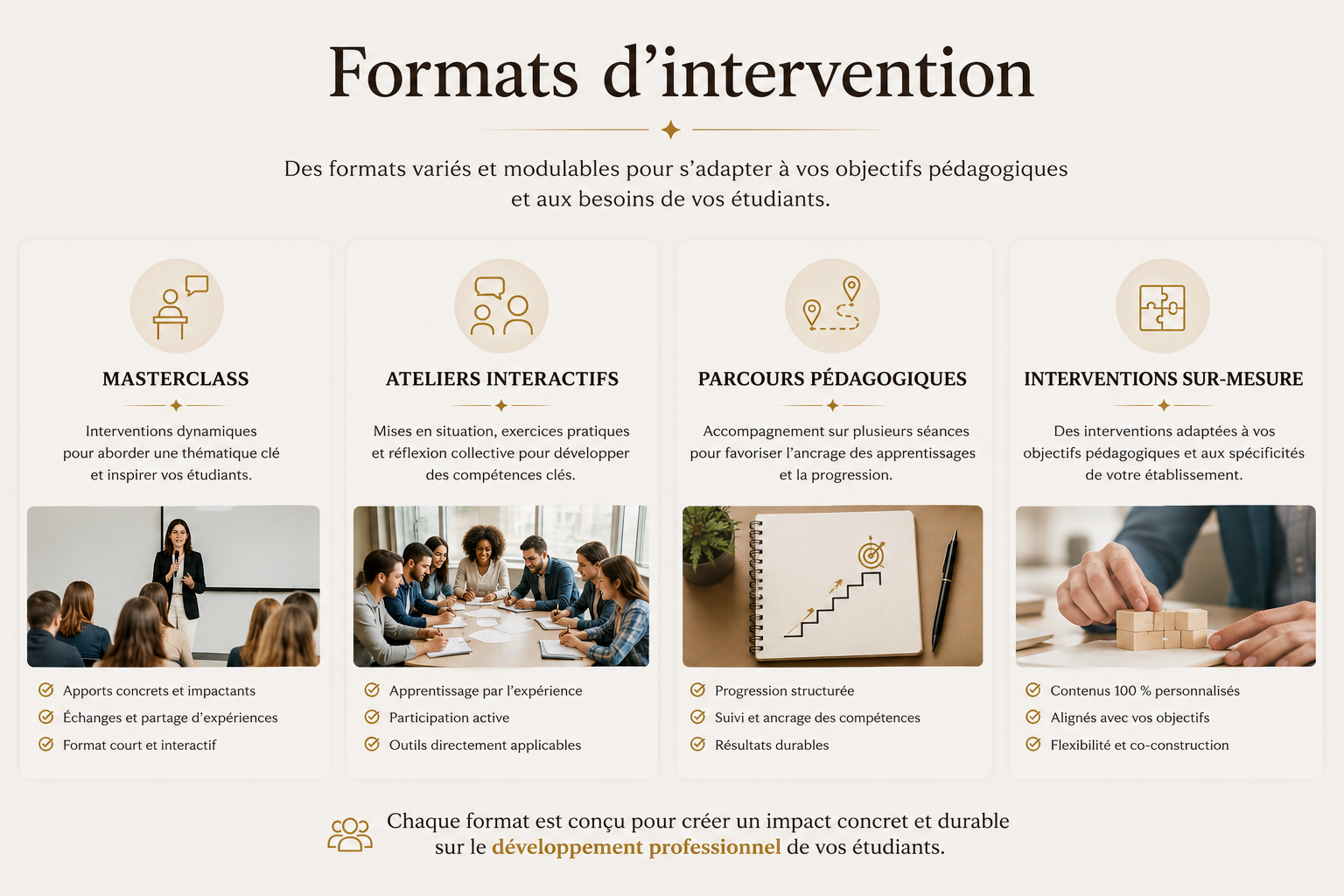 Des formats d'intervention conçus pour favoriser l'engagement, l'apprentissage et la professionnalisation des étudiants et alternants.
