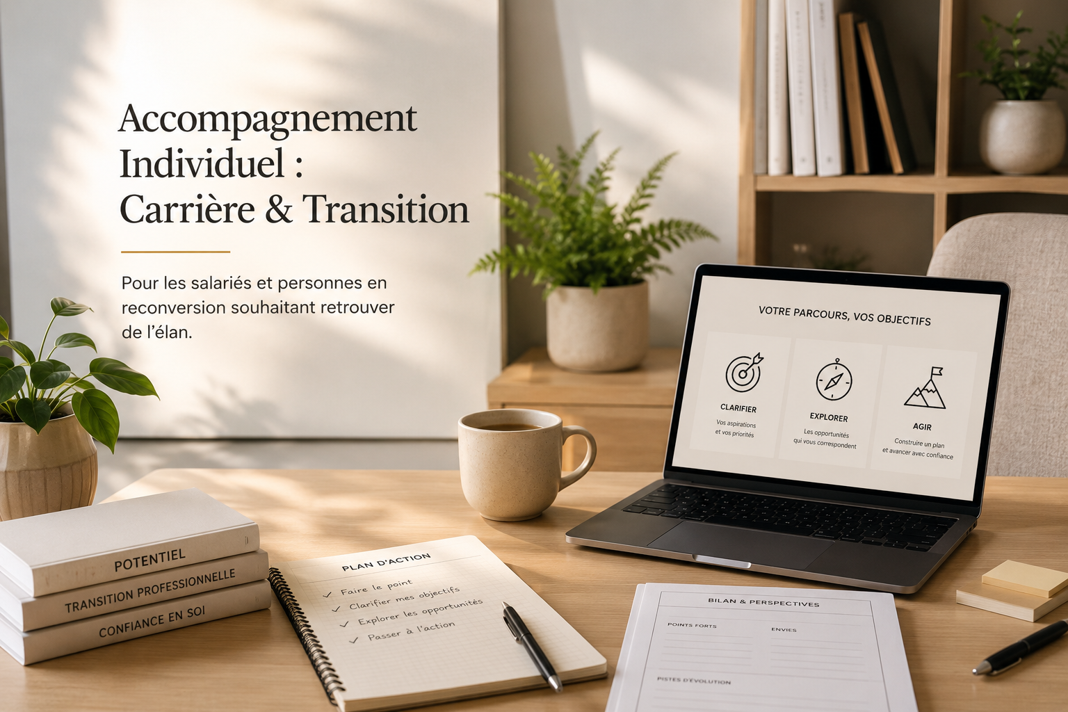 Bureau avec ordinateur présentant un programme d'accompagnement individuel pour la carrière et la transition professionnelle, avec des outils de planification. Coaching individuel slaries reconversion ollioules toulon var paca
