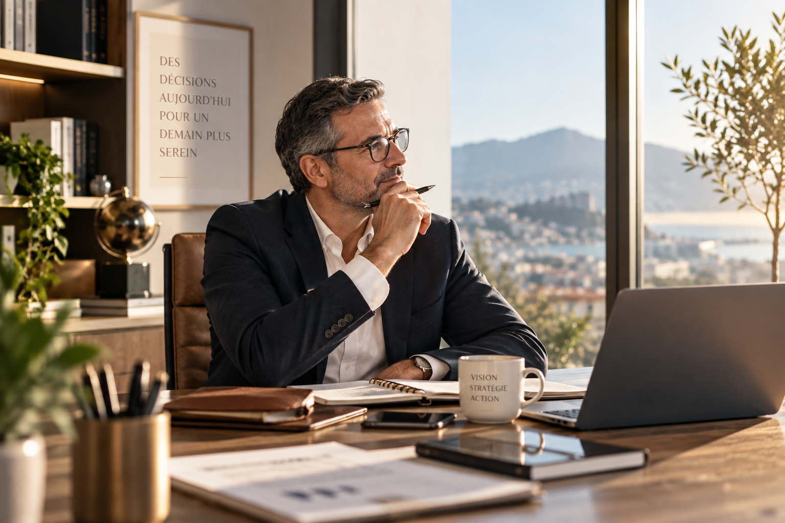 Dirigeant d’entreprise en réflexion dans son bureau, prenant du recul pour clarifier sa vision stratégique Toulon Ollioules Paca Var et alentours à distance