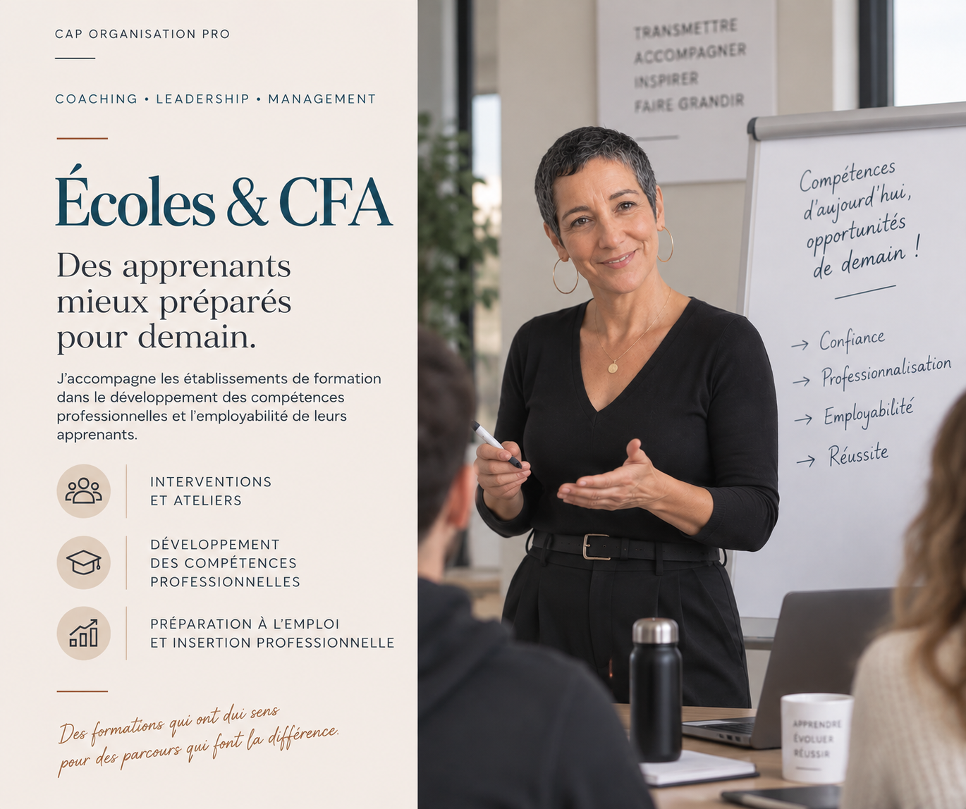 Virginie Bianchini intervient auprès des écoles et CFA pour développer les compétences professionnelles et l'employabilité des apprenants à Toulon, en région PACA et à distance.